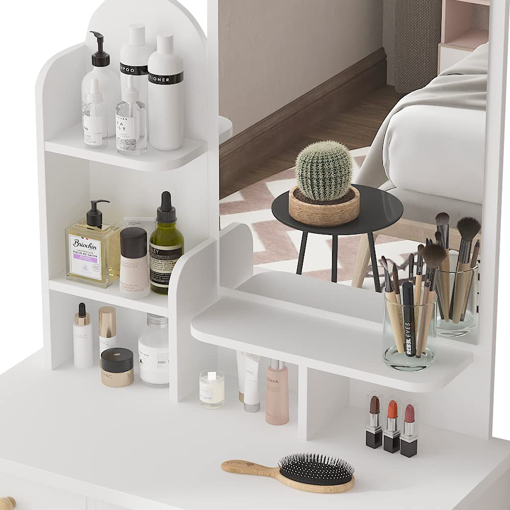 FUFU&GAGA White Vanity Set with Mirror - 5 Drawers Makeup Dressing Table, Shelves & Cushioned Stool Set for Bedroom, Beauty Salon & Home Decor | Elegant Dresser Desk for Women & Girls