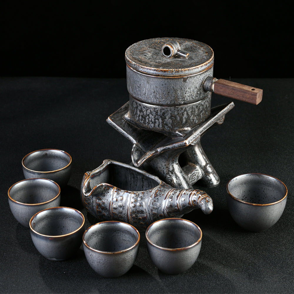 Premium Stone Mill Tea Set with Black Gold Stone Tea Tray - Elegant Chinese Tea Ceremony Set for Home, Office & Gifting