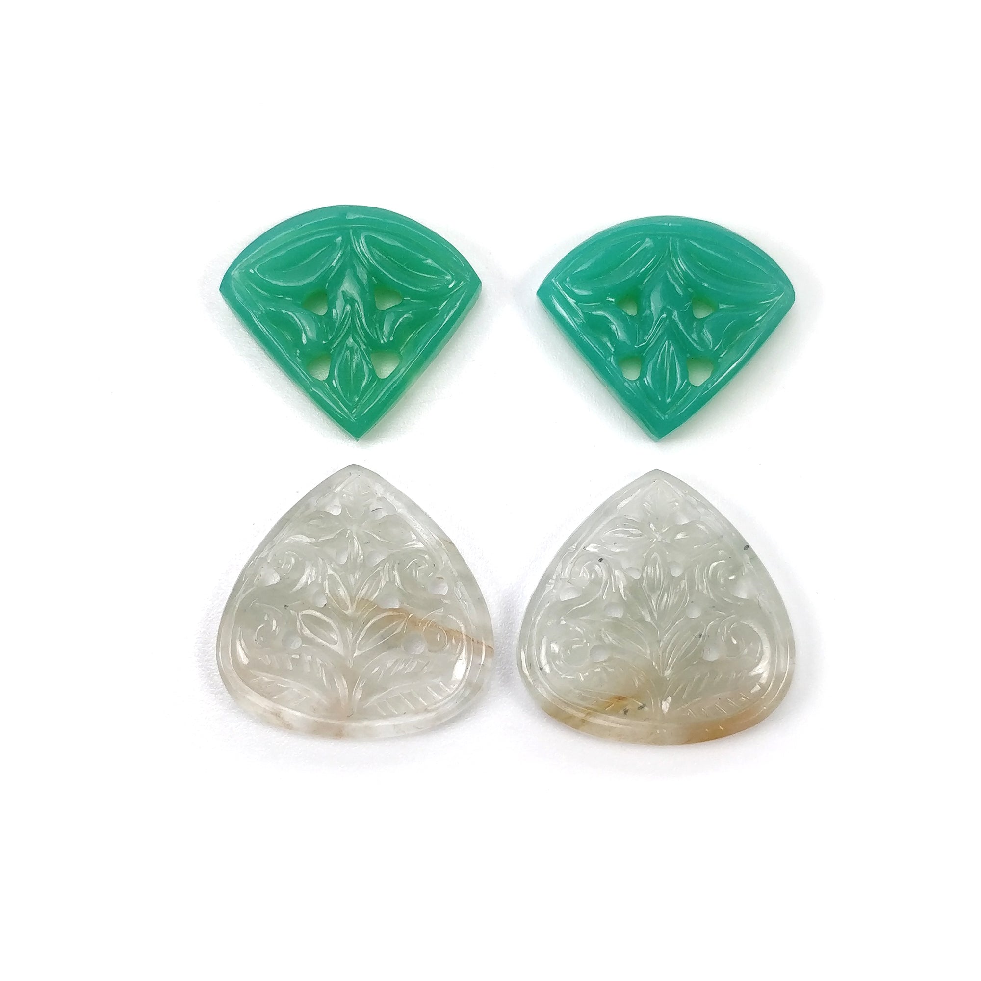 Natural Untreated Green White Chrysoprase & Jade Gemstone Carving - 47.65cts Hand Carved Triangle Heart Shape (18*20.5mm & 19*21mm, 4pcs Set) - Perfect for Jewelry Making, Crystal Healing & Spiritual Gifts