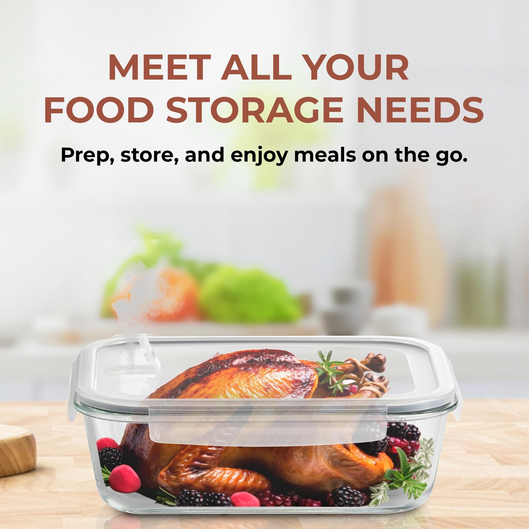 Razab 2700ml (92 Oz) Large Glass Food Storage Containers with Vented Lids - BPA Free, Airtight & Leakproof Snap Lock Lids - Microwave, Oven & Freezer Safe - Perfect for Baking, Casserole, Meal Prep & Leftovers Storage
