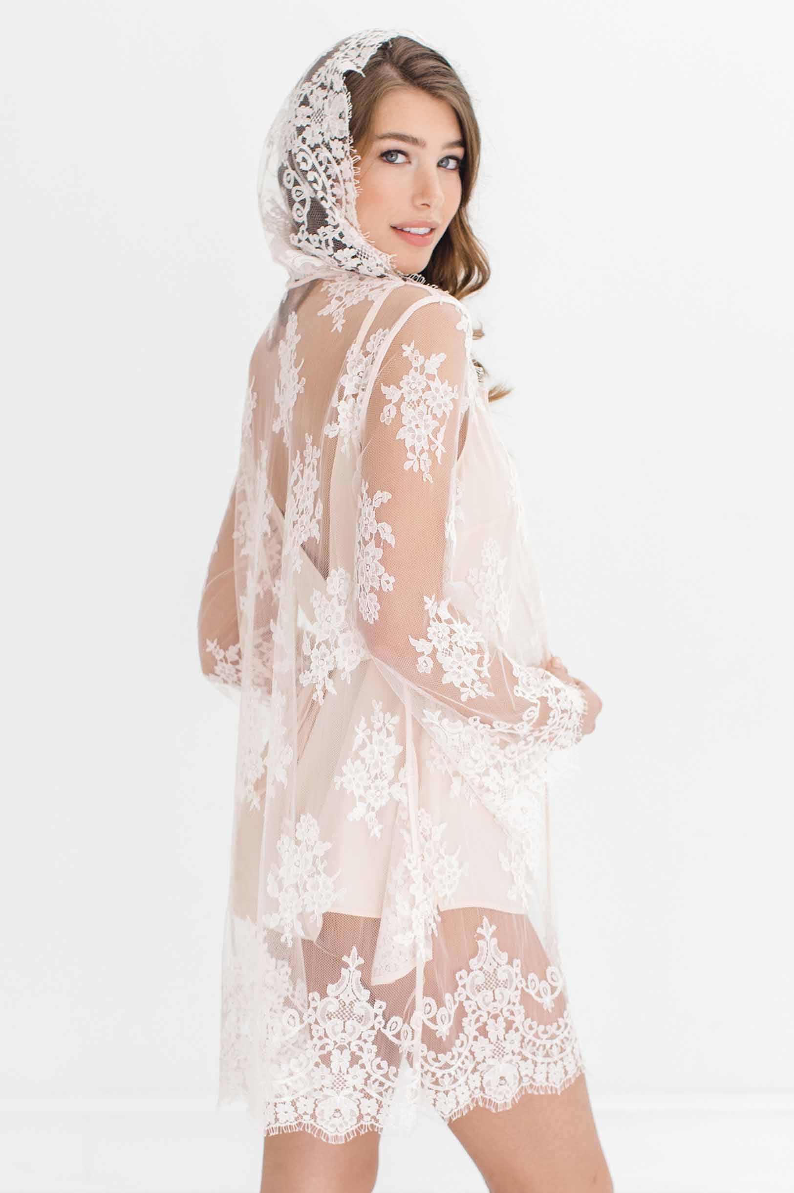 Stella Hooded French Lace Robe in Ivory - Elegant Bridal Lingerie & Boudoir Nightgown for Honeymoon, Wedding Night, and Special Occasions