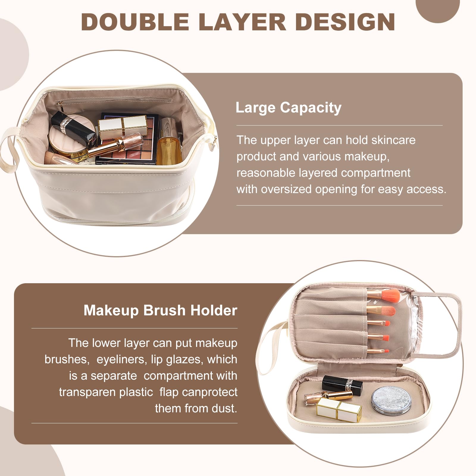 Premium Leather Cosmetic Travel Bag for Women - Double Layer Large Makeup Organizer with Waterproof Toiletry Pouch | Perfect for Vacation, Business Trips & Gym Essentials (White)