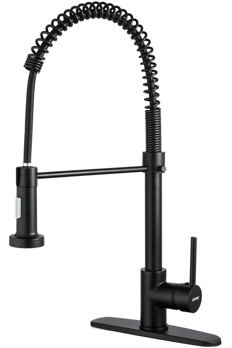 GAPPO Commercial Solid Brass Kitchen Faucet with Pull Down Sprayer - Single Handle Lever Spring Sink Faucet in Matte Black for Modern & Restaurant Kitchens