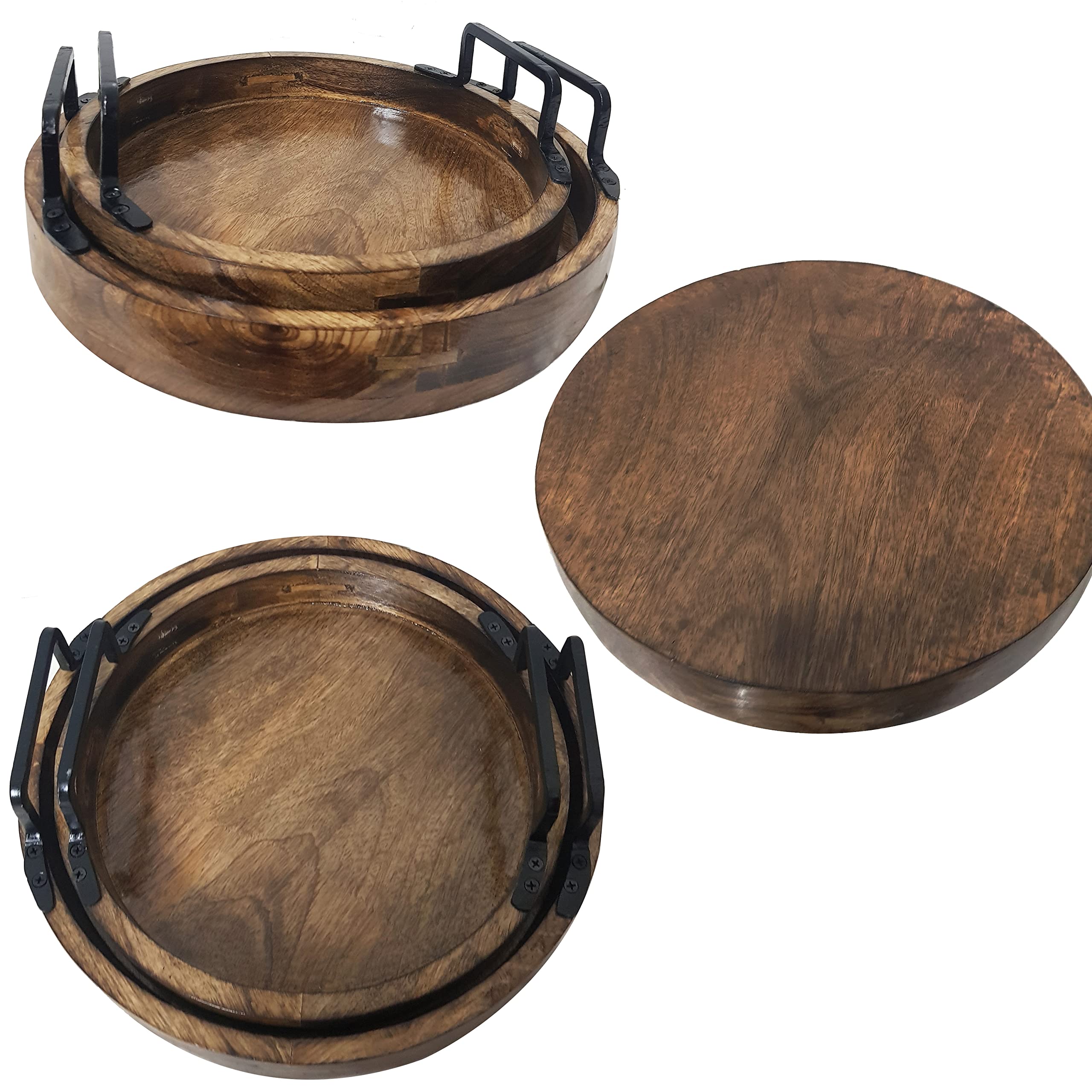 Handcrafted Rustic Wooden Serving Trays Set of 2 - Round Antique Brown Wood Trays with Handles for Kitchen, Dining, Coffee Table Decor & Entertaining