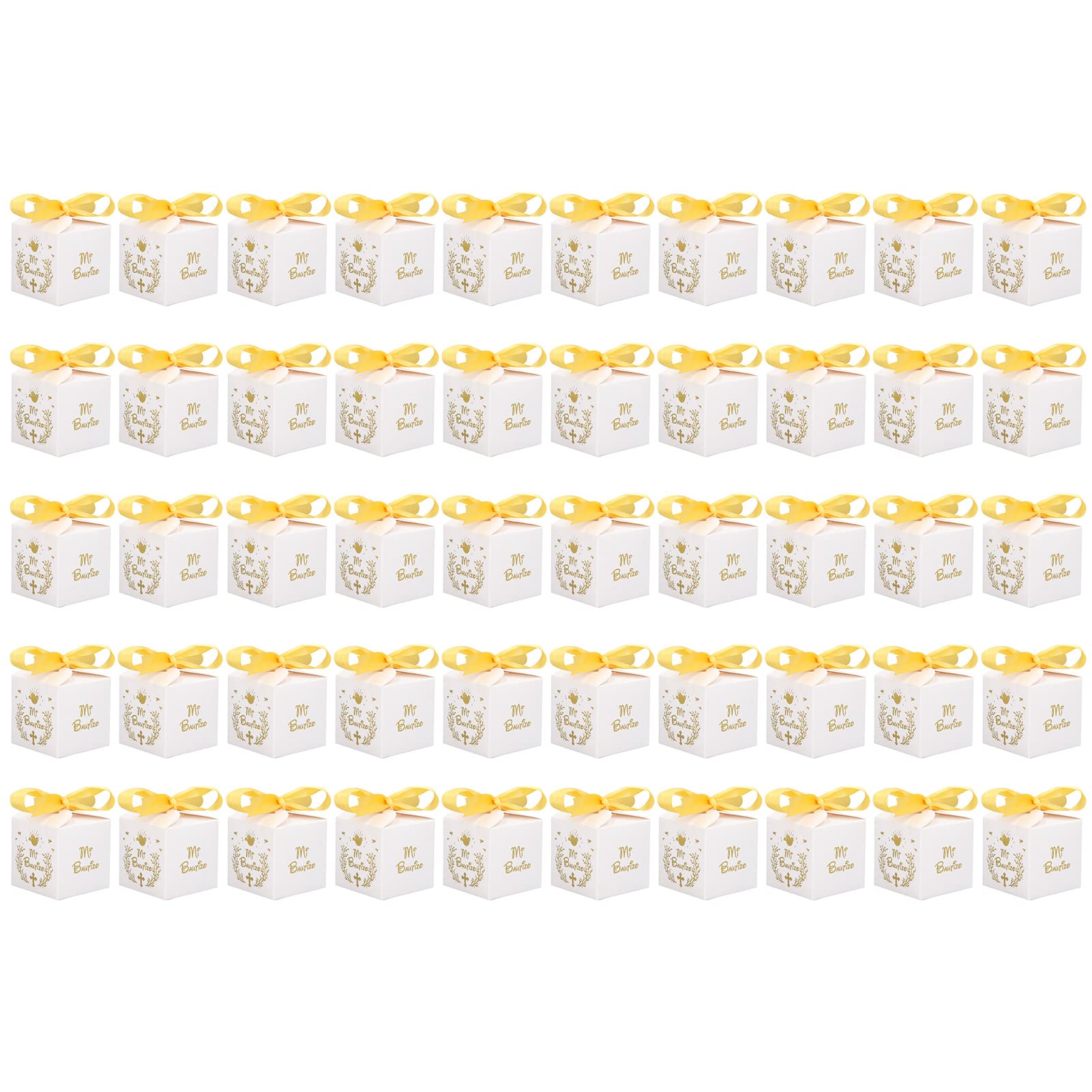 50pcs White Party Favor Boxes with Gold Ribbon - Elegant Mi Bautizo Pattern Paper Gift Boxes for Weddings, Baby Showers & Special Events - Perfect for Party Favors, Bridal Showers & Celebrations