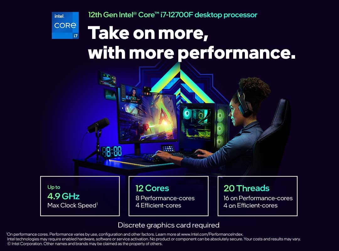 Intel Core i7-12700F Desktop Processor - 12 Cores 20 Threads, 2.1GHz Base Clock, LGA 1700 Socket, Compatible with 600 Series Chipset (BX8071512700F) - Perfect for Gaming PCs, Workstations & Content Creation