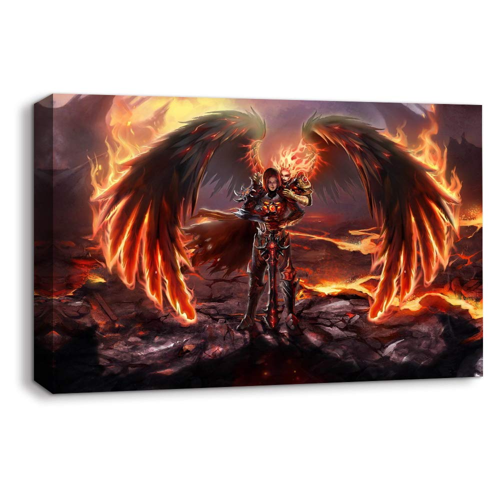Angel and Dragon Canvas Wall Art - 32x48 Inch Framed Painting Print for Bedroom, Living Room Decor | Mythical Fantasy Home Decor | Perfect for Gothic, Medieval or Fantasy Themed Interiors