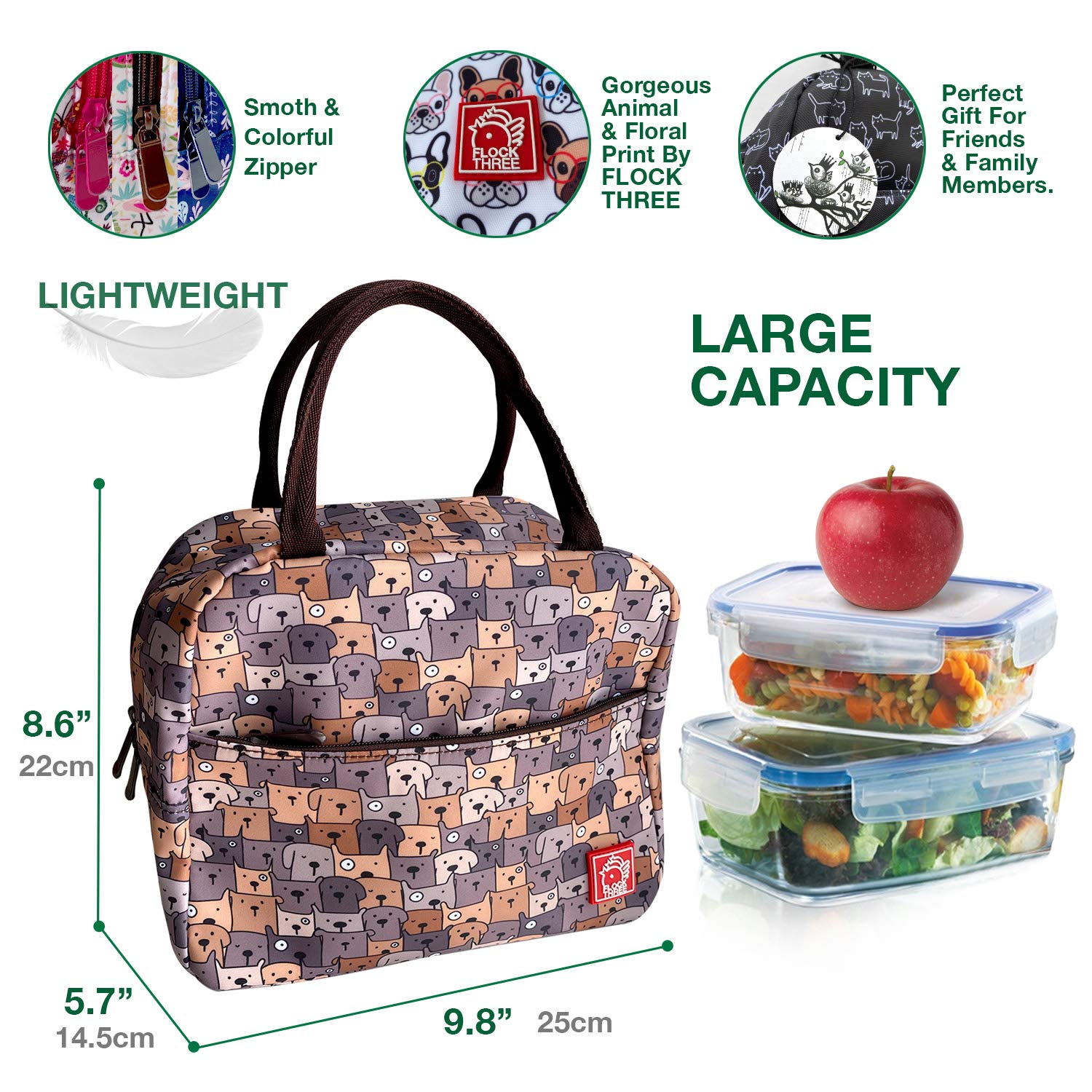 FLOCK THREE Insulated Reusable Lunch Bag - Waterproof Food Container with Front Padded Pocket & Double Zippers for Men, Women & Kids - Perfect for Work, School, Picnics & Outdoor Activities