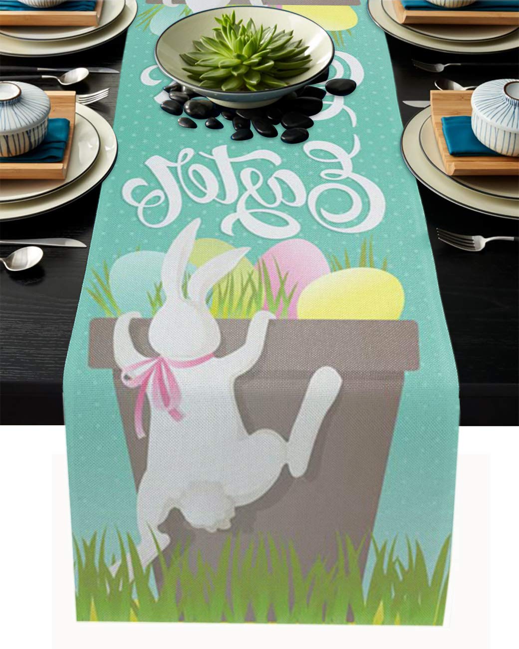 Easter Table Runner 13x70 Inches - Cotton Linen Kitchen Tablecloth with Cartoon Rabbit & Polka Dot Design for Spring Easter Holiday Parties, Home Decor - Non-Slip Dresser Scarves Perfect for Dining Table, Buffet, and Holiday Decorations