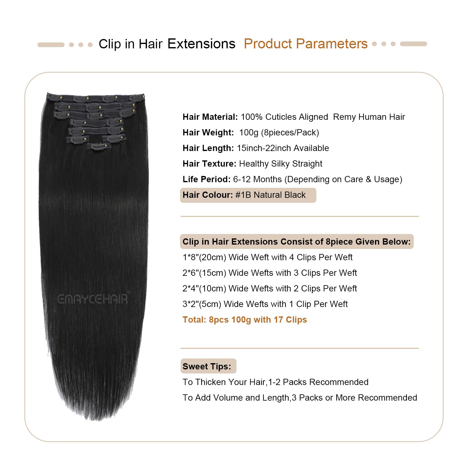 20 Inch Clip in Human Hair Extensions 8pcs 100g - 100% Virgin Remy Human Hair, Straight & Healthy Full Head Weft, #1B Natural Black - Perfect for Daily Styling, Parties & Special Occasions