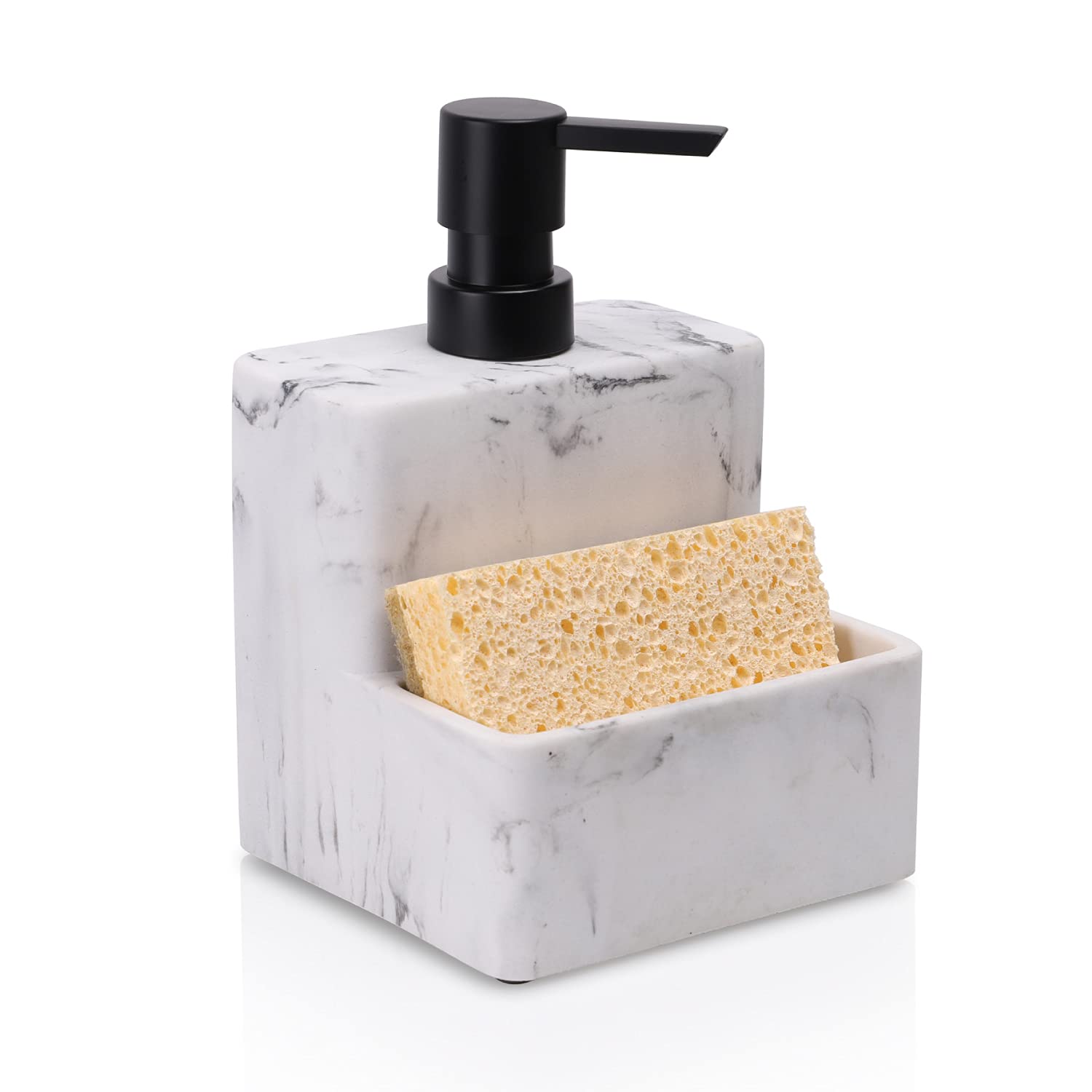 Marble Look Soap Dispenser with Sponge Holder - 2 in 1 Hand & Dish Soap Pump Bottle for Kitchen Sink & Bathroom Counter - Perfect for Home Storage and Organization (Ideal for Small Spaces & Modern Decor)