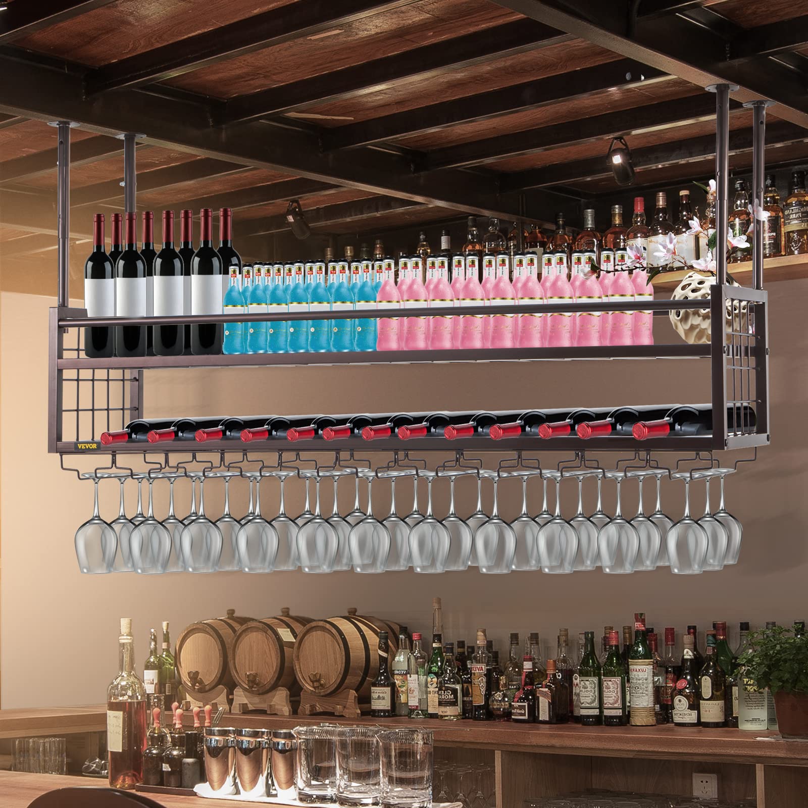 VEVOR Adjustable Hanging Wine Glass Rack - 46.9 x 11.8 Inch Wall-Mounted Copper Wine Rack Cabinet with 18.9-35.8 Inch Height Adjustment - Perfect for Bars, Restaurants, Kitchens & Home Wine Storage Organization