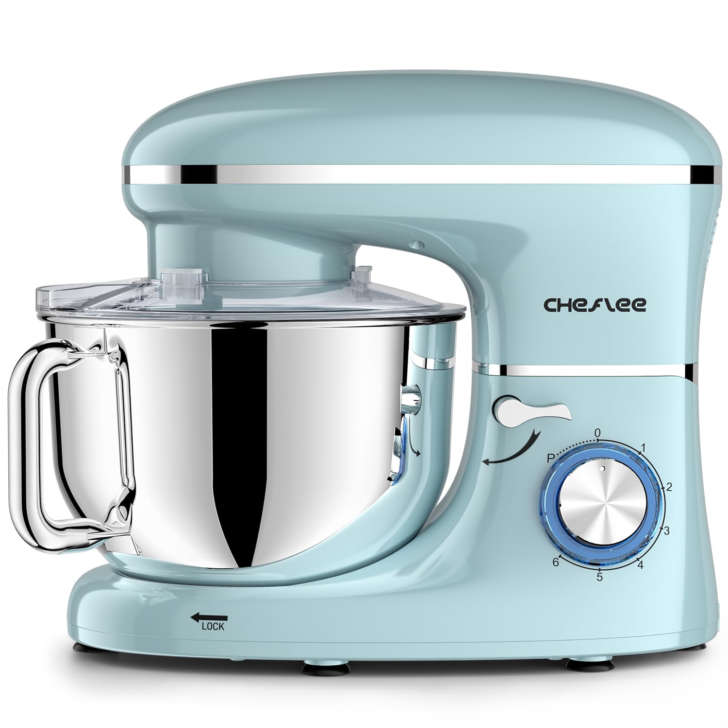 CHeflee 600W Stand Mixer with 6.5QT Stainless Steel Bowl - 6 Attachments (Dough Hook, Wire Whip, Beater) - Powerful Kitchen Mixer for Baking, Whipping & Kneading - Perfect for Home Bakers & Cooking Enthusiasts (Blue)