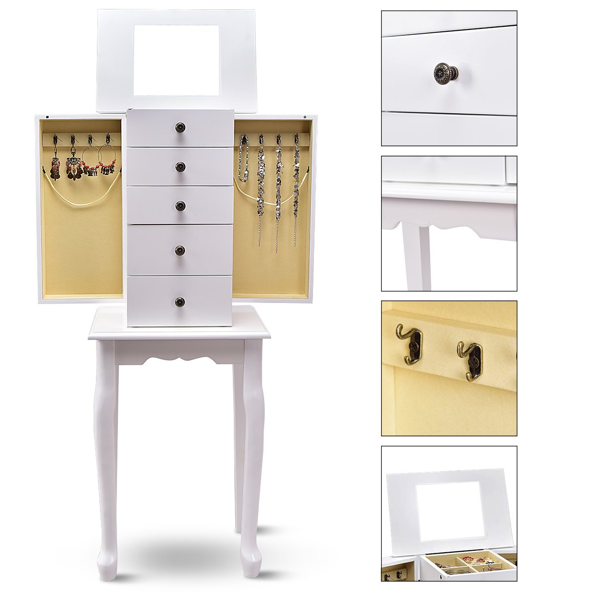 GOFLAME Wooden Jewelry Cabinet Armoire with Full-Length Mirror - 5 Drawers & 2 Doors Jewelry Storage Organizer, Large Standing Jewelry Box for Necklaces, Rings & Accessories - Perfect for Bedroom, Closet or Dressing Room (White)