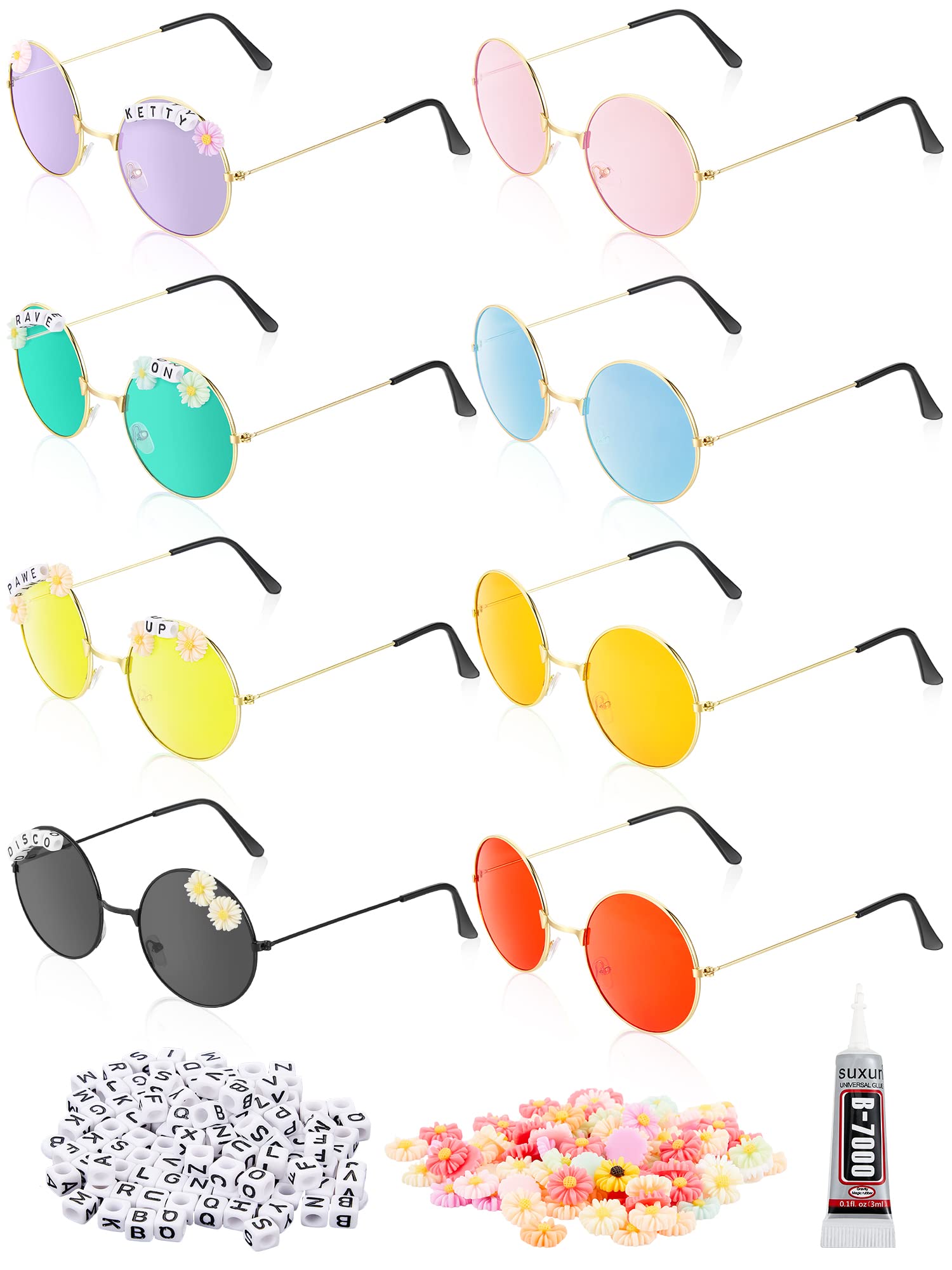 8 Pairs DIY Round Sunglasses for Adults - Hippie Circle Sunglasses with 200 Letter Beads & 50 Daisy Beads + Glue - Unisex Fashion Accessories for Women & Men - Perfect for Music Festivals, Beach Parties and Summer Outfits