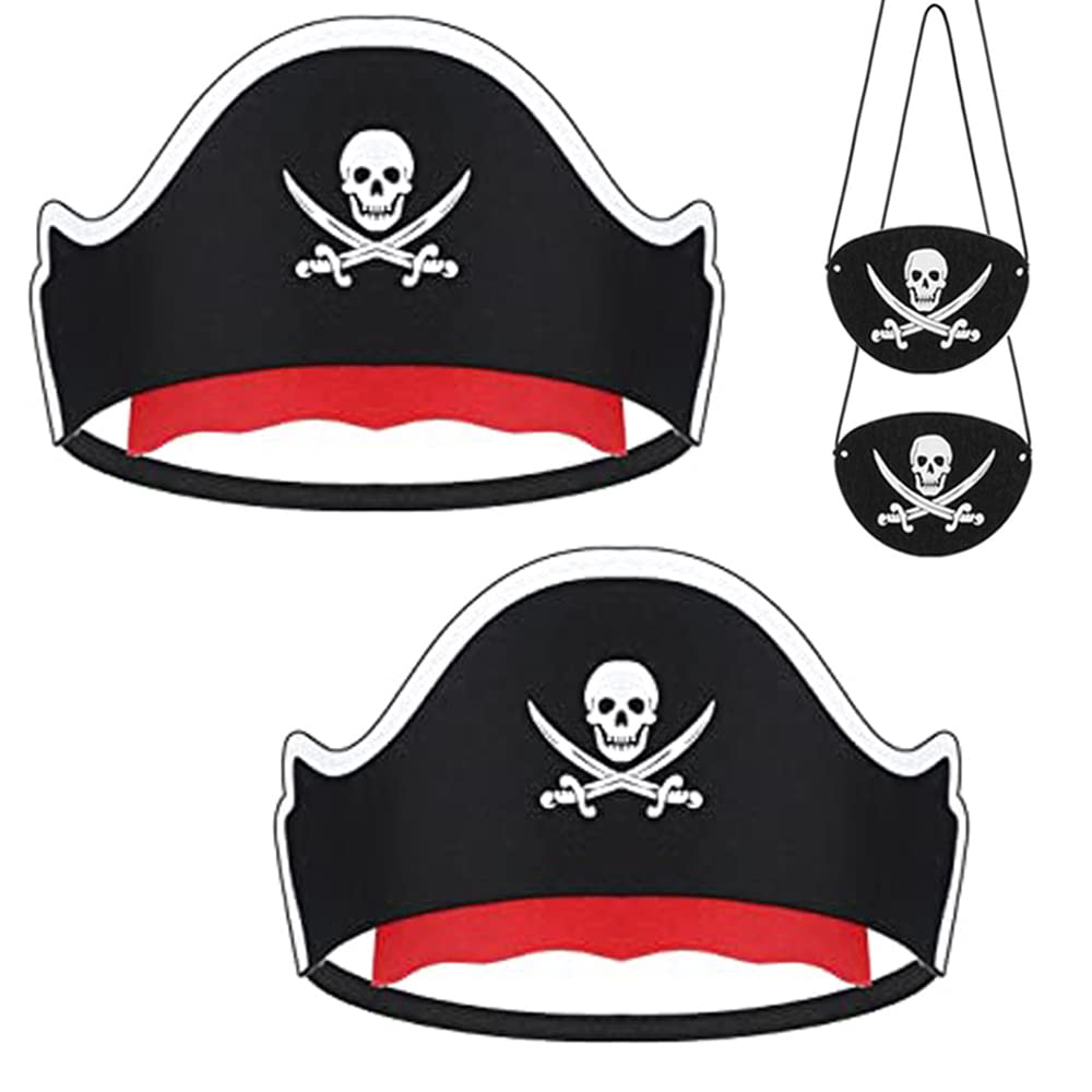 4 Pcs Pirate Hat Set with Skull Print & Felt Eye Patch - Classic Pirate Captain Costume Accessories for Halloween, Cosplay, Masquerade Party & Pirate Themed Events