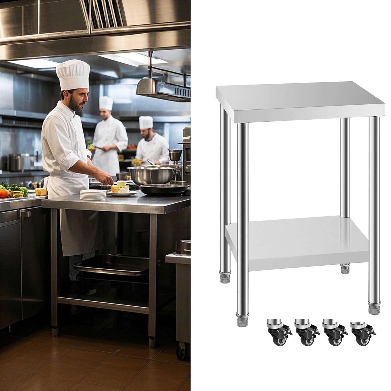 24x24 Inches NSF Certified Stainless Steel Prep Table with Casters - Adjustable Feet & Undershelf for Commercial Kitchen, Restaurant, Hotel, Home Use - Perfect for Food Prep, Baking, Coffee Station & Catering Services