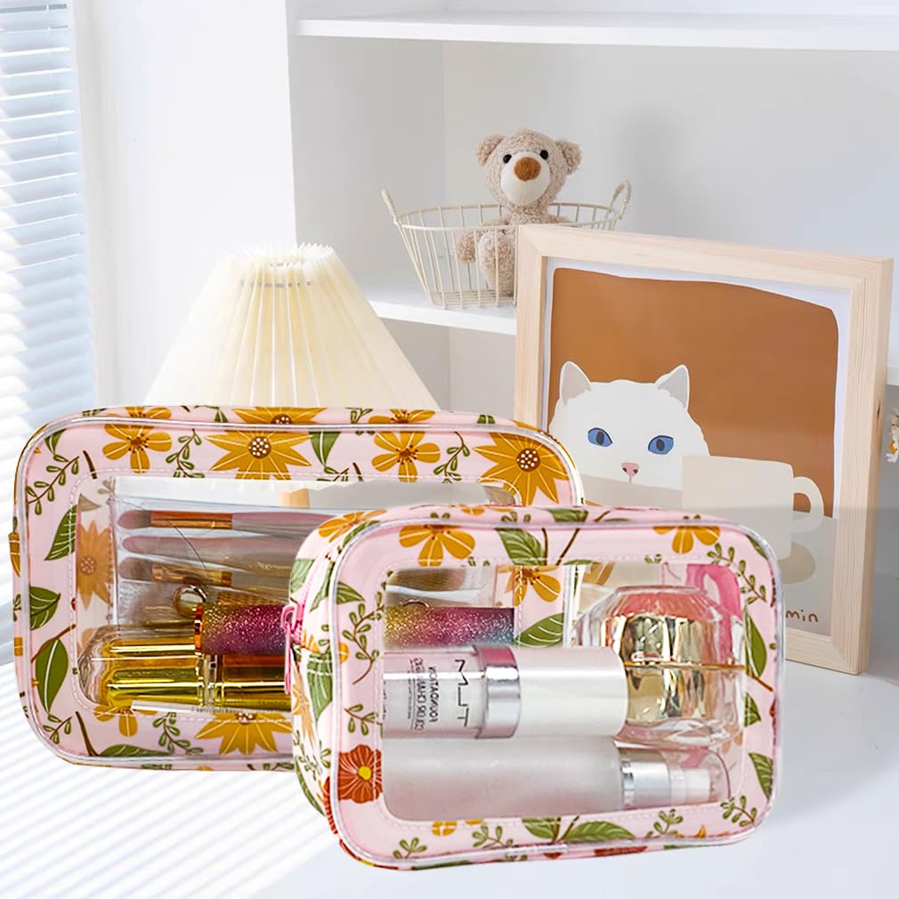 ONEART 2-Pack Clear Floral Makeup Bags - Waterproof Travel Toiletry Organizer for Cosmetics, Jewelry & Accessories | Transparent Storage Pouch for Bathroom, Gym, Beach & Vacation Essentials