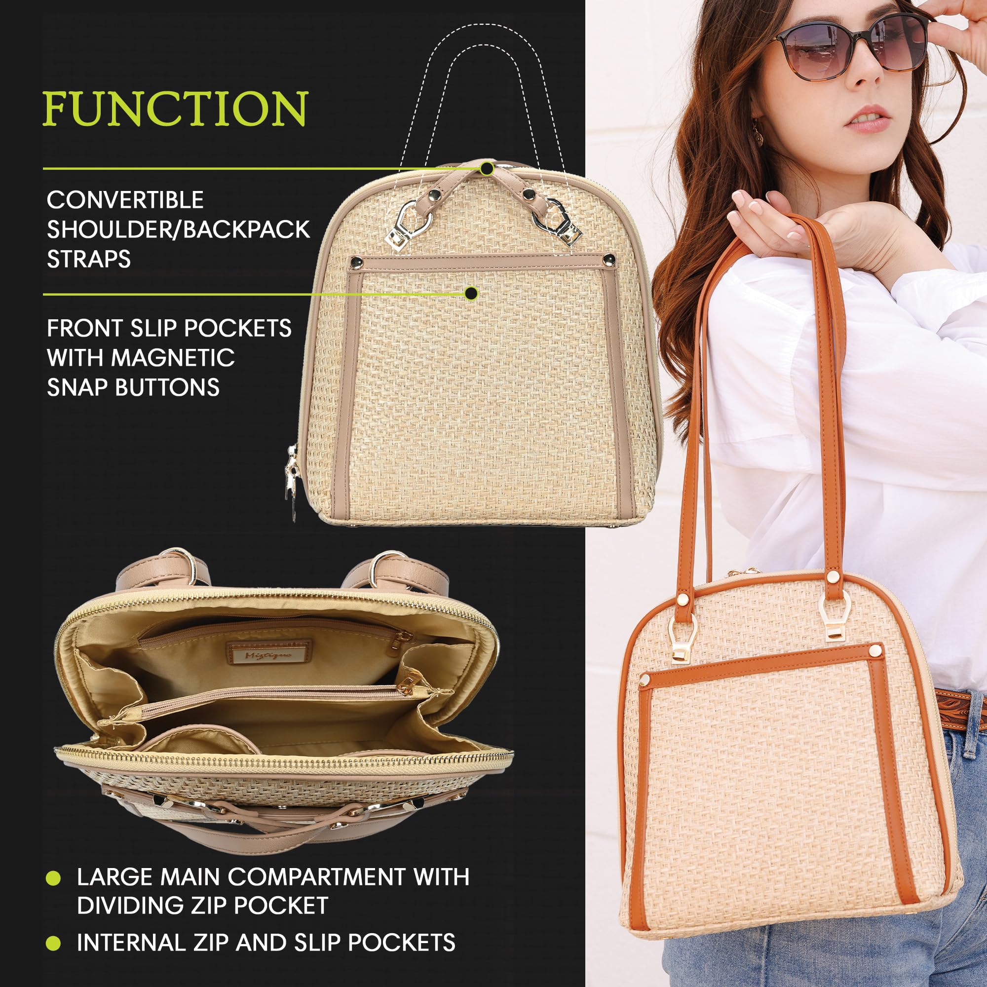 Miztique Women's Daisy Bamboo Straw Convertible Backpack Purse (Camel) - 2-in-1 Shoulder Bag & Backpack - Eco-Friendly Fashion Accessory - Perfect for Travel, Work, and Daily Use - 10.5