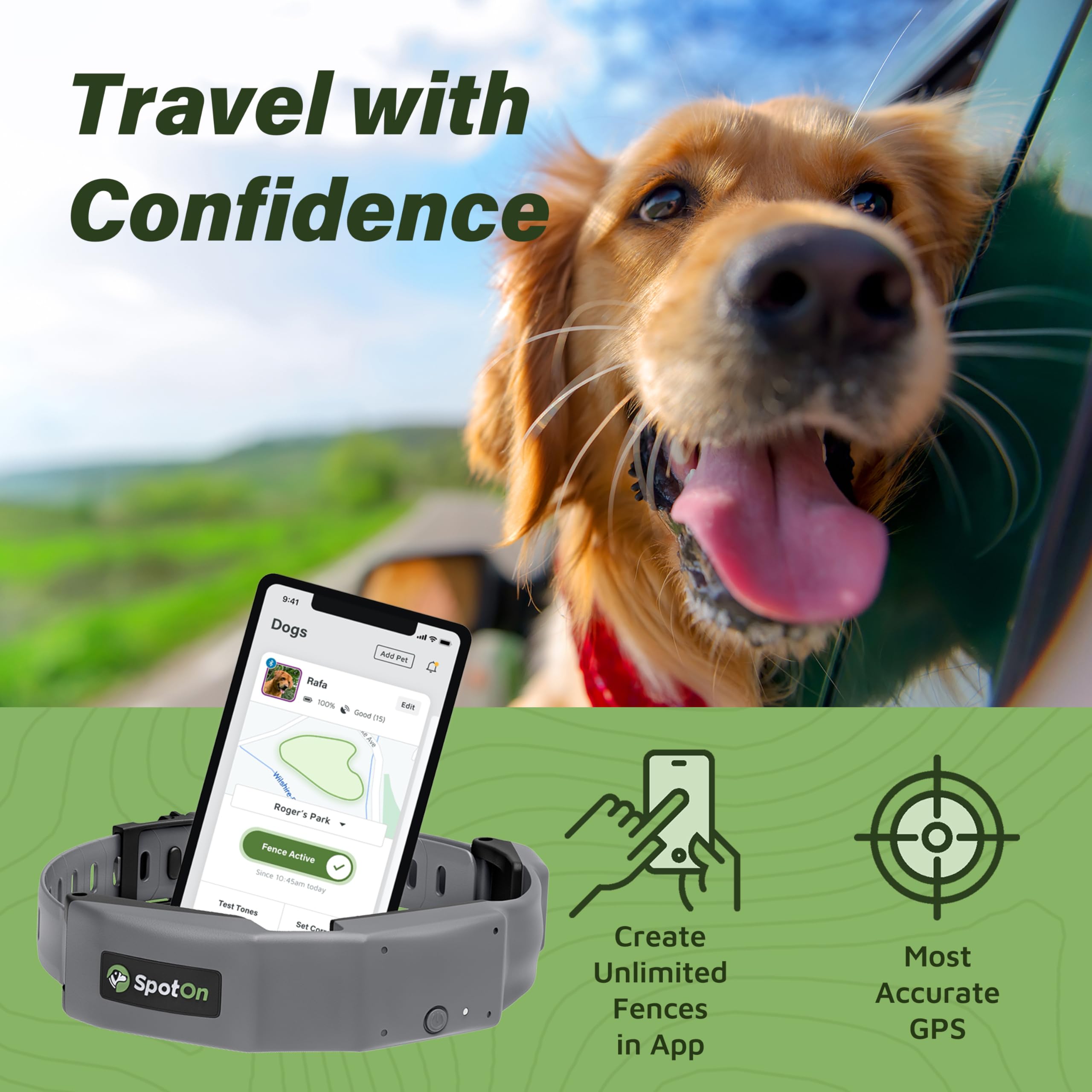 SpotOn GPS Dog Fence - Wireless Dog Collar with App Control | Waterproof Virtual Dog Fence System | 128 Satellite Network Tracking | All-Terrain GPS Tracker for Large Dogs | Verizon Compatible | Perfect for Backyard, Hiking & Outdoor Adventures