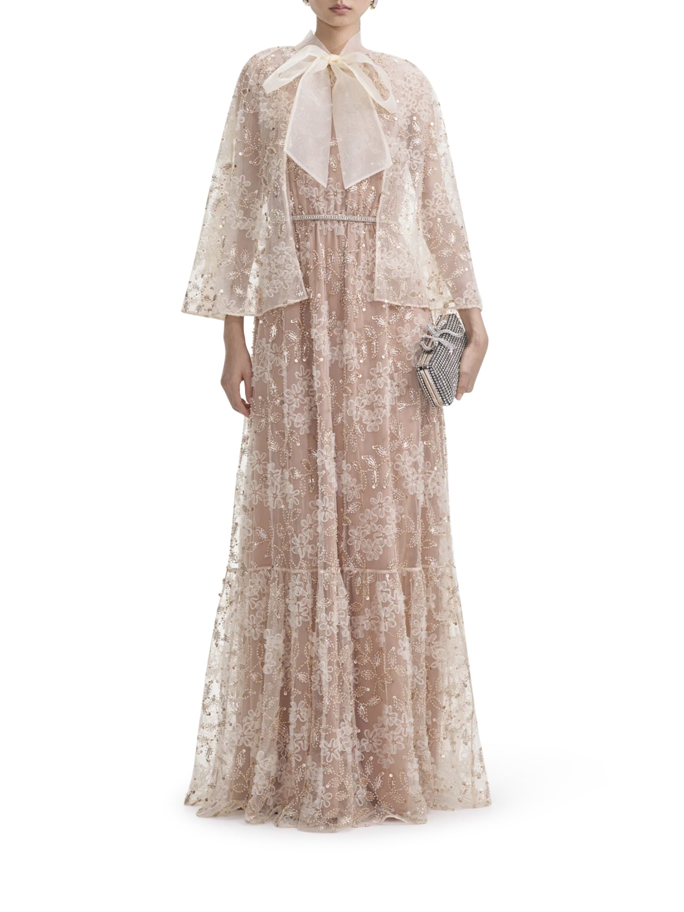 Embellished Cape Maxi Dress for Women - Elegant Long Formal Gown with Flowy Cape for Evening Parties, Weddings & Special Occasions