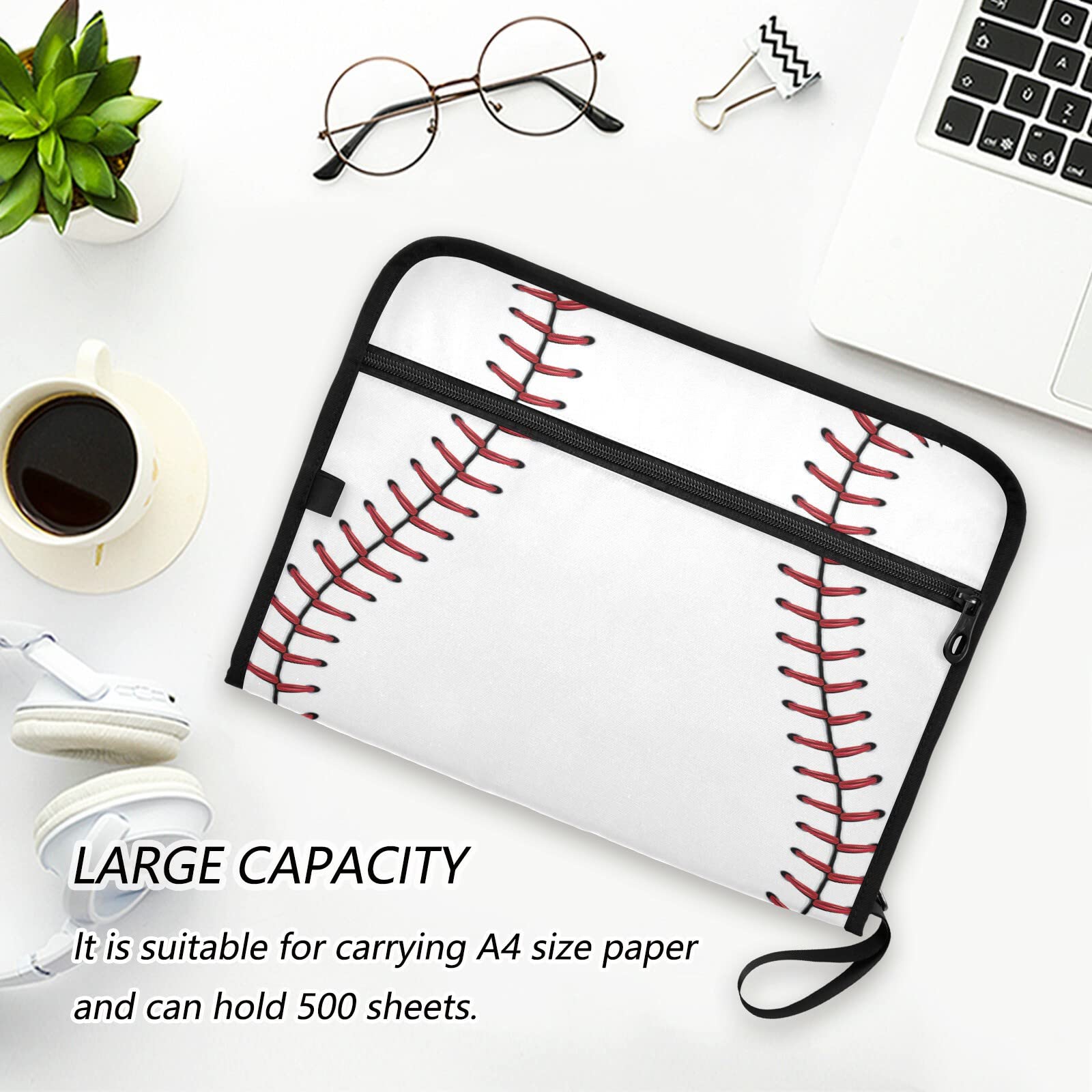 VIGTRO 13-Pocket Accordion File Organizer with Zipper & Labels - Red Stitching Baseball Design Expanding File Folder for A4 Documents - Perfect for Office, Classroom & Sports Team Organization