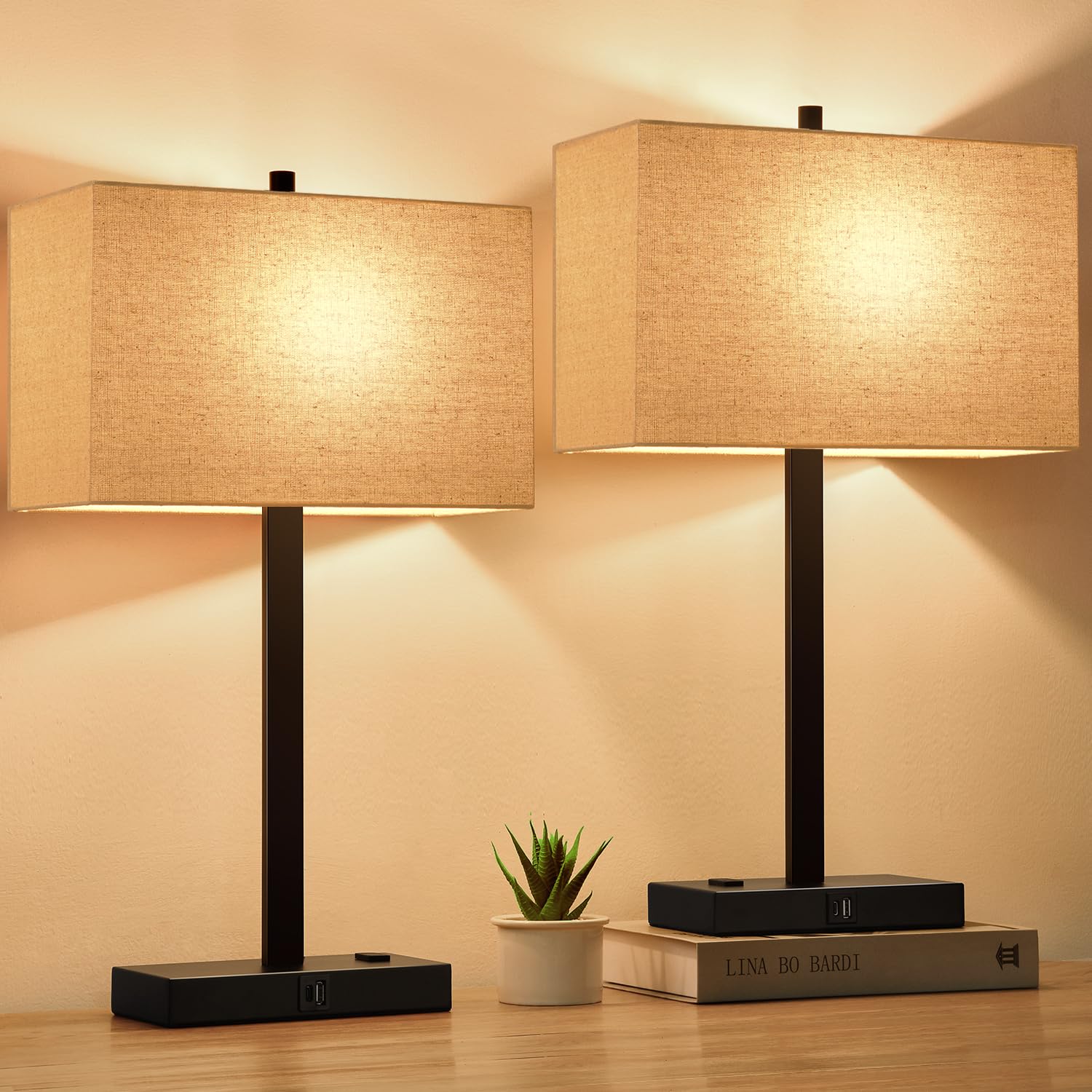 Upgraded Set of 2 Touch Control Bedside Lamps with USB A+C Charging Ports & AC Outlet - 3-Way Dimmable Nightstand Lamps with Fabric Shade, 2700K Warm White LED Bulbs Included - Perfect for Bedroom, Living Room & Office Lighting