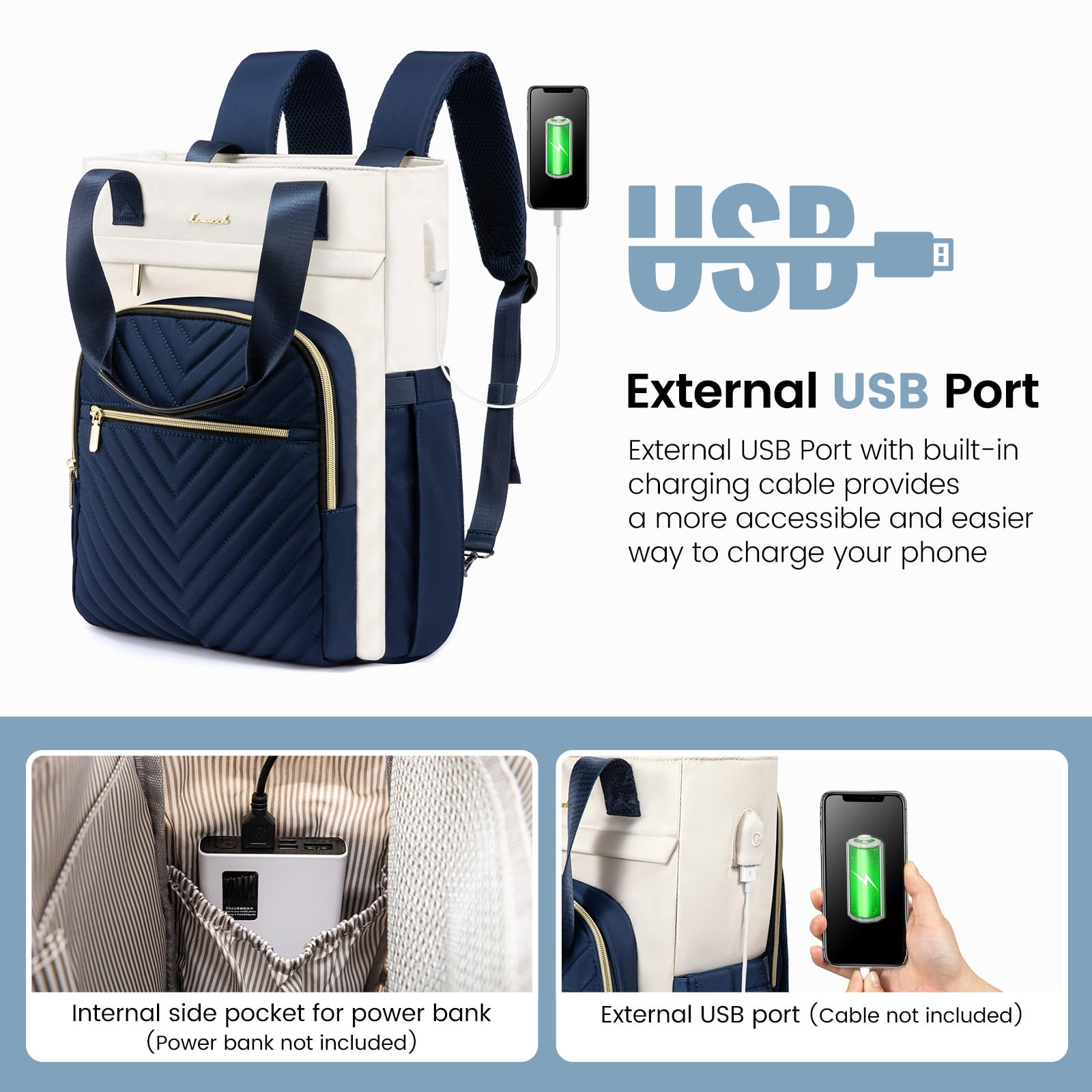 LOVEVOOK Women's 17.3 Inch Laptop Backpack - Waterproof Business Bag with USB Port, Wide Top Open Design for Teachers, Nurses, Students & Travel - Blue-White | Perfect for Work, School & Daily Commute