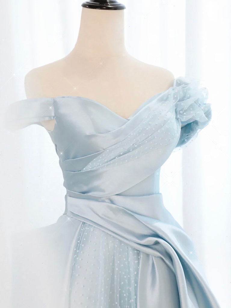 Elegant Off Shoulder A-Line Satin Tulle Blue Long Prom Dress for Women - Formal Evening Gown for Homecoming, Ball, Wedding Guest & Special Occasions