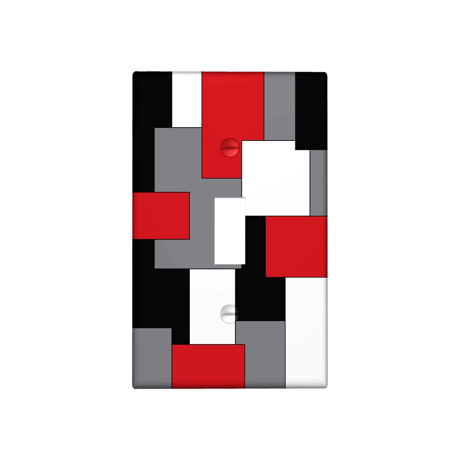 Modern Geometric Abstract Art Wall Plate Cover - Red, Grey, Black, White - One Gang Blank Light Switch Cover - Decorative Kitchen & Home Accessories for Living Room, Bedroom, Office Decor