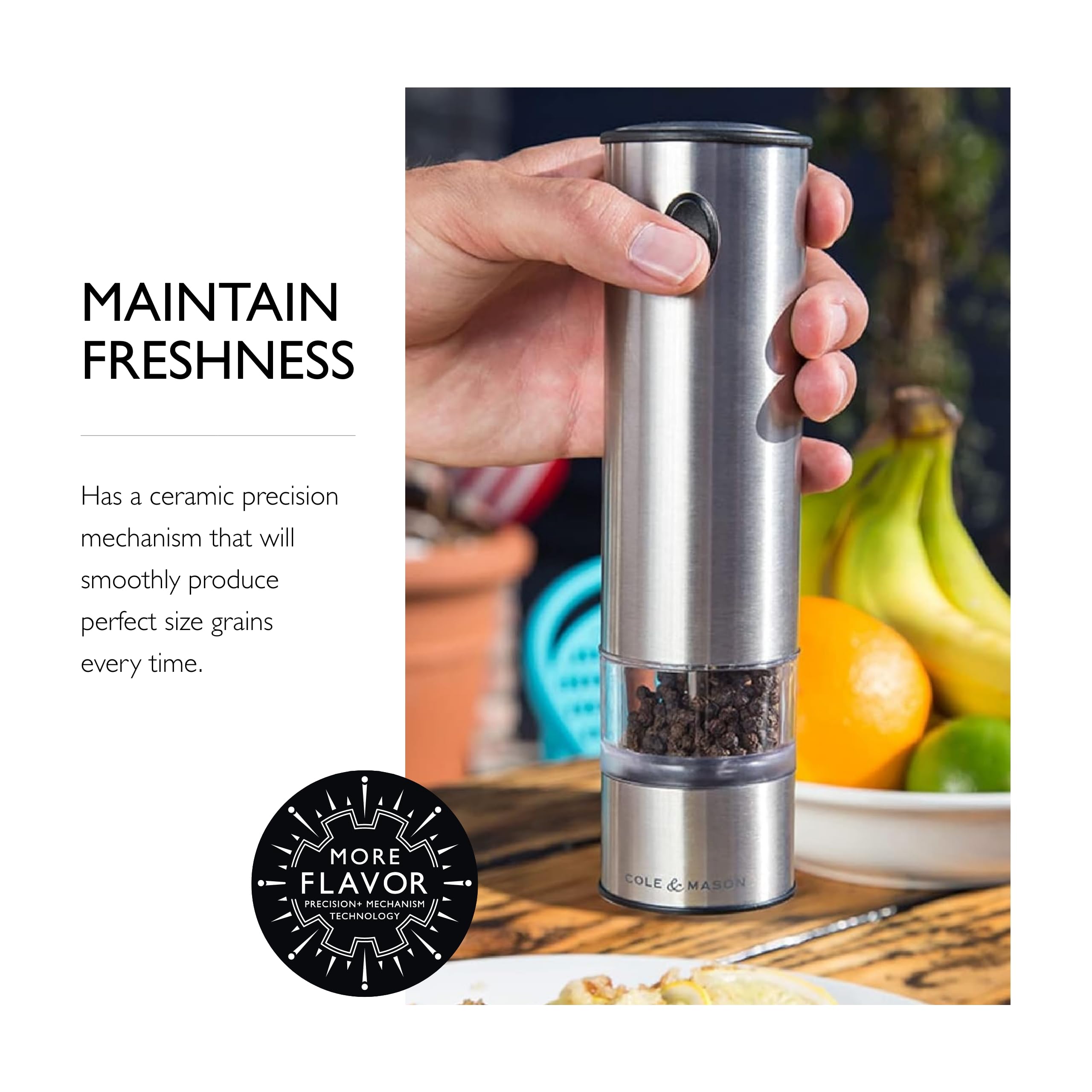 Cole & Mason Battersea Electric Salt and Pepper Grinder Set - One-Touch Operation, Adjustable Coarseness, Large Capacity Stainless Steel Spice Mill - Perfect for Kitchen, Dining Table, and Gourmet Cooking