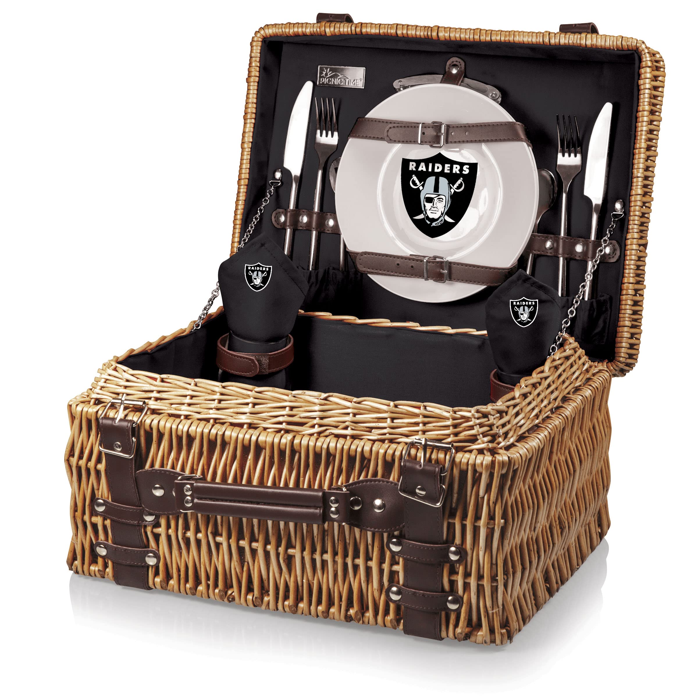 PICNIC TIME NFL Champion Picnic Basket for 2 - Woven Wicker Picnic Basket Set with Plates, Cutlery & Blanket (Black & Brown) - Perfect for Outdoor Picnics, Beach Trips & Tailgating Parties