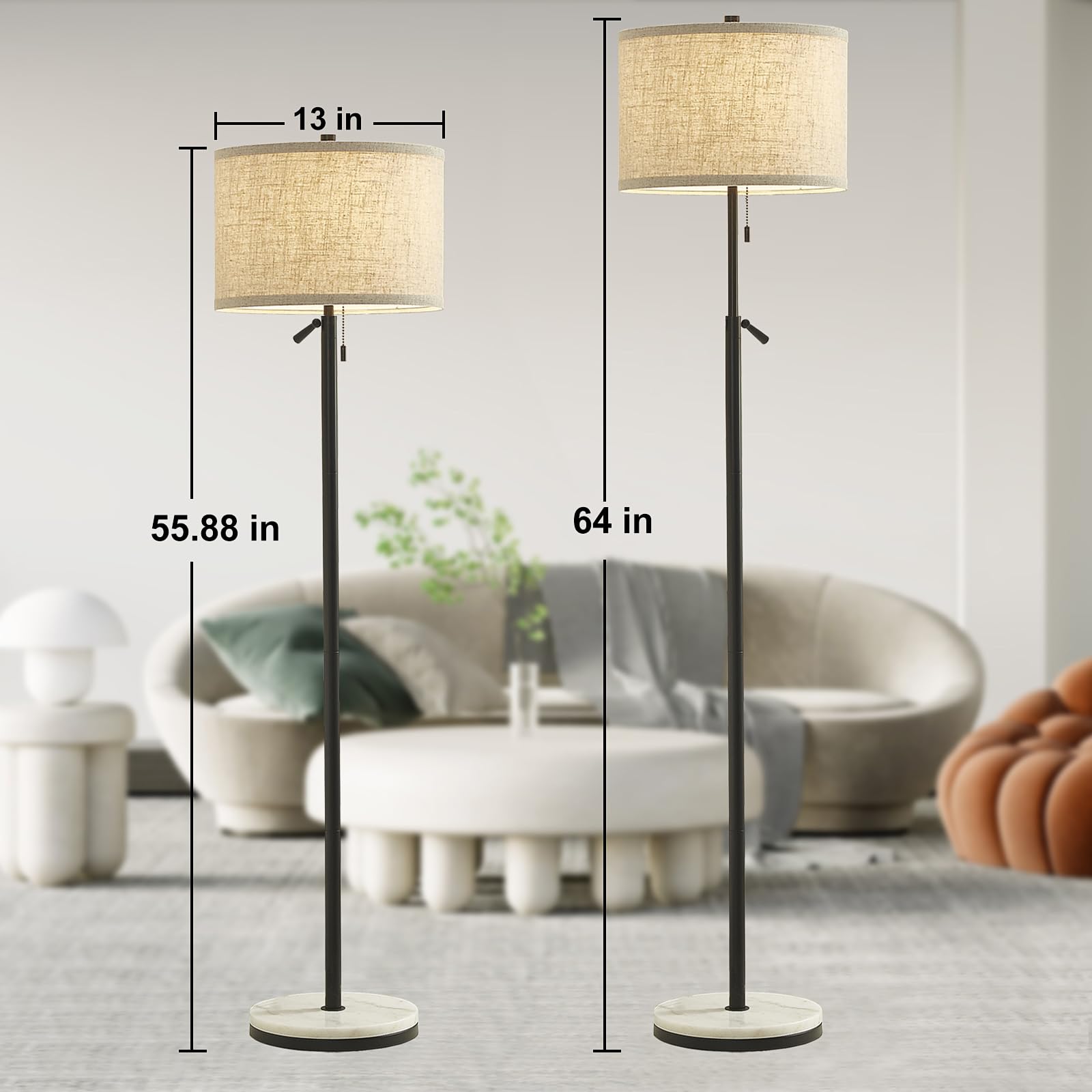 GyroVu Adjustable Height Marble Floor Lamp with Pull Chain Switch - Modern Standing Tall Lamp with Marble Base for Living Room, Bedroom & Office - Perfect for Reading Nook, Home Decor & Workspace Lighting (Black) Bulbs Not Included