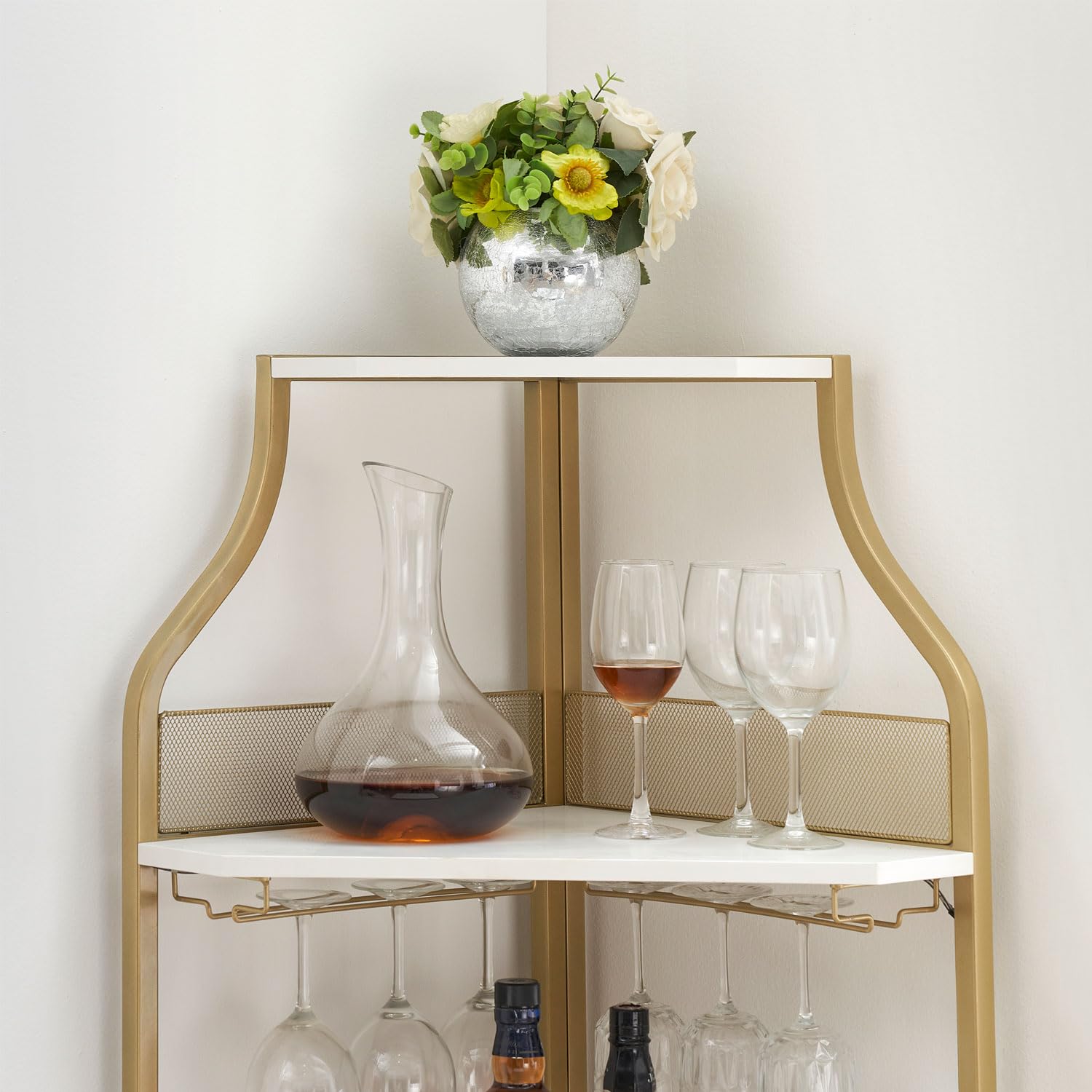 Premium Corner Wine Bar Cabinet - Large Storage Space, Removable Wine Rack & Glass Holder, 4-Tier Liquor Cabinet with Mesh Door - Gold Finish | Perfect for Home Bars, Kitchen Storage & Entertaining Guests