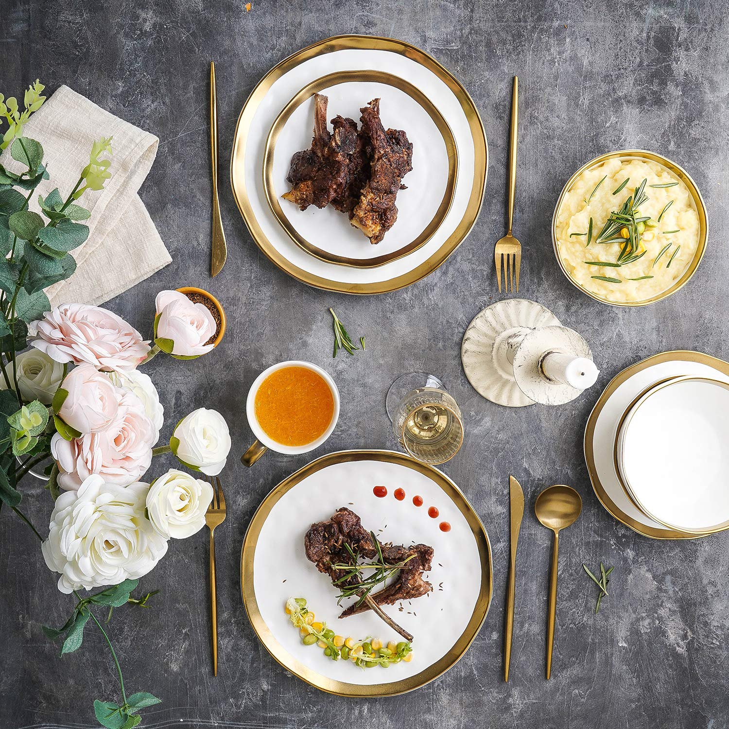 16-Piece Modern Porcelain Dinnerware Set - White & Gold Rim Plates & Bowls for 4 - Elegant Table Setting for Family Dinners, Parties & Restaurant Use
