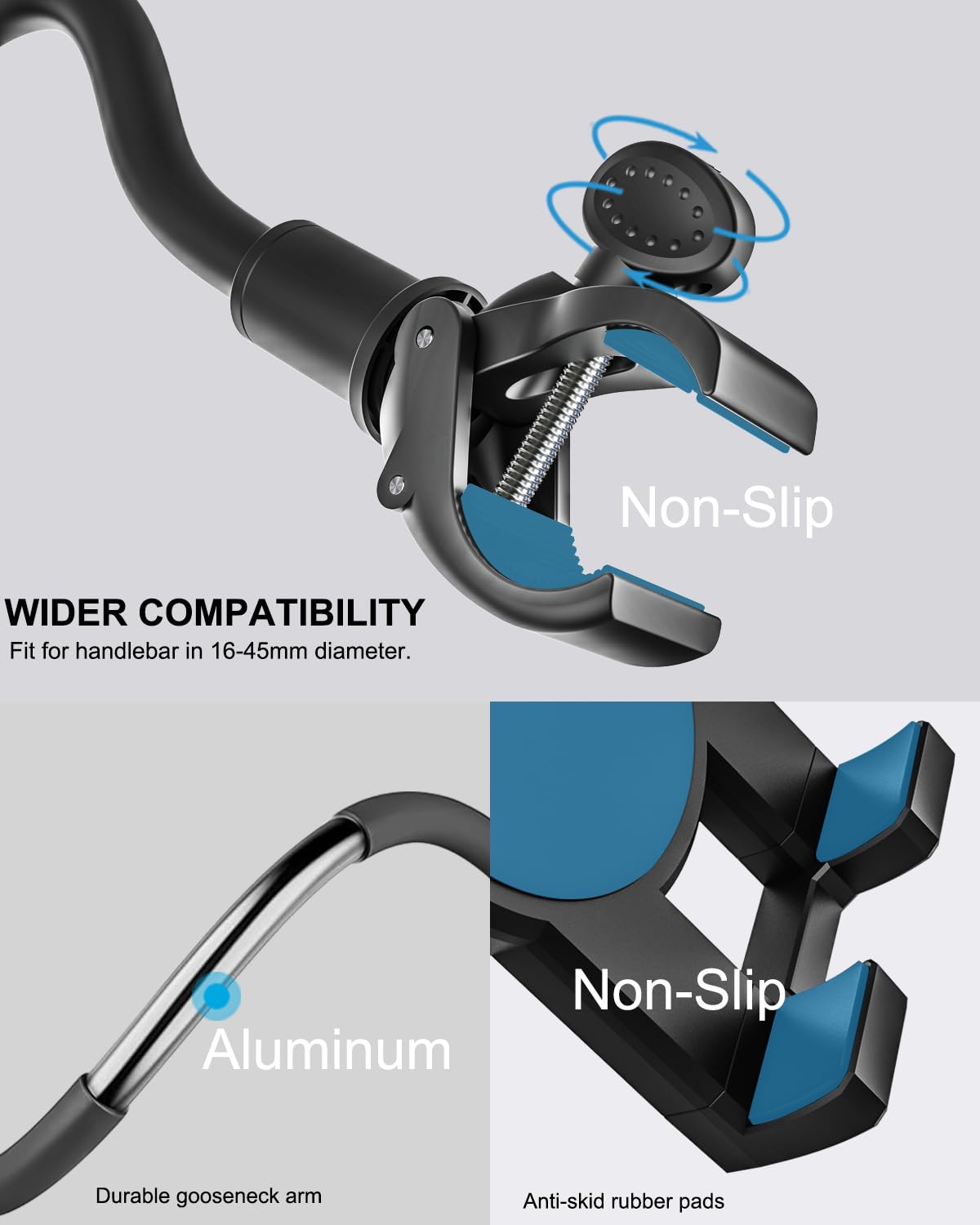 Woleyi Adjustable Gooseneck Tablet Holder for Spin Bike & Peloton - Universal Exercise Bike Handlebar Mount for iPad Pro/Air/Mini, Galaxy Tablets (4.7-13 Inch) - Perfect for Home Gym, Cycling Workouts & Treadmill Training