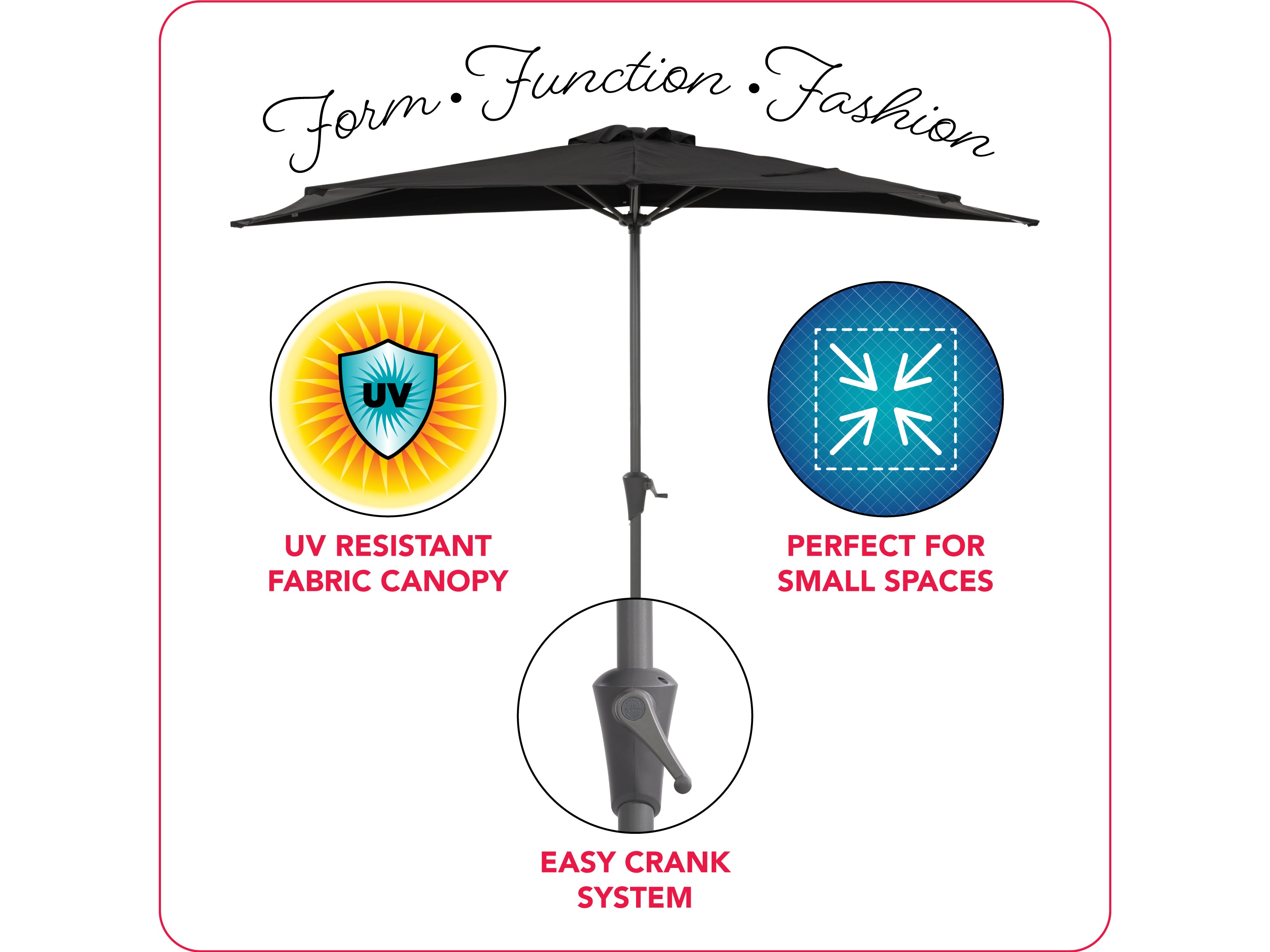8.5ft Black Half Umbrella - Large Outdoor Patio Umbrella for Garden, Poolside & Backyard - UV Protection & Wind Resistant