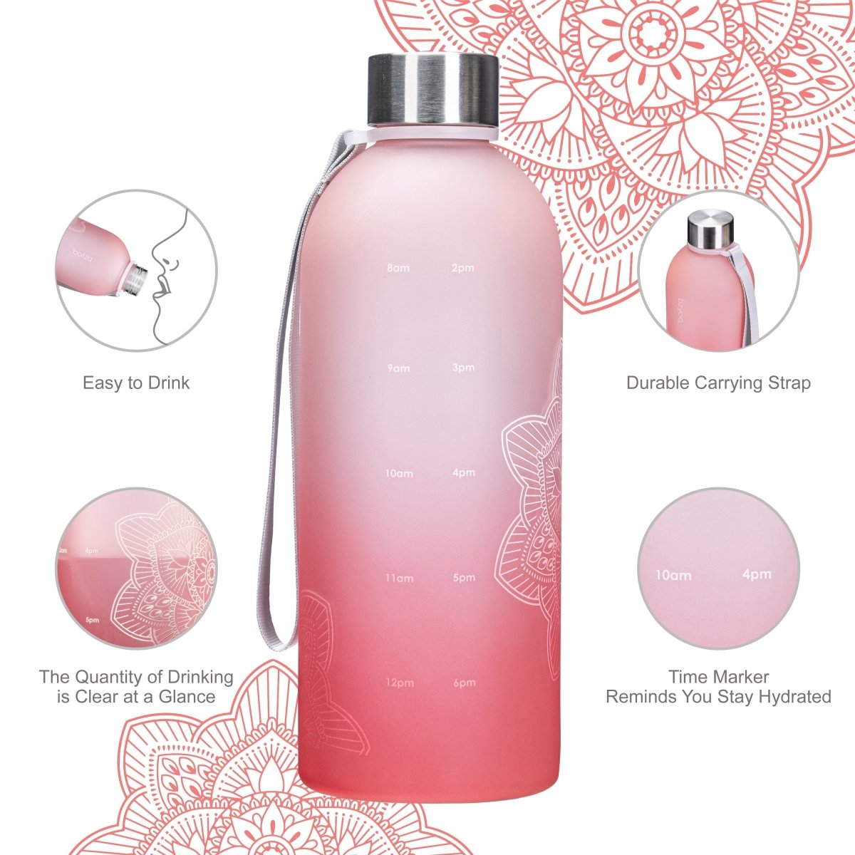 32oz La La Mandala Time Marker Tritan Water Bottle with Carrying Strap - Ombre Red | BPA-Free Leakproof Water Container for Gym, Yoga, Hiking & Outdoor Activities | Motivational Hydration Tracking Bottle for Fitness Enthusiasts