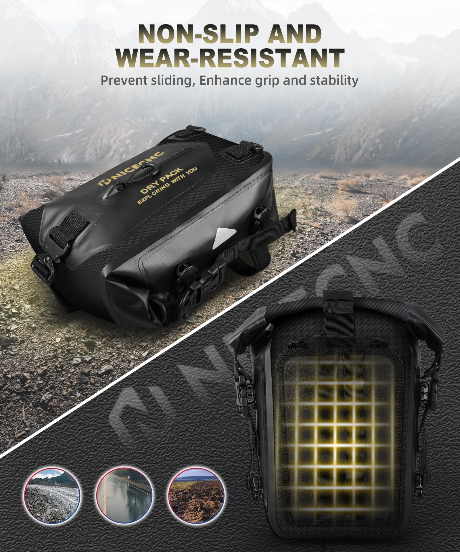 **NICECNC 7L Waterproof Motorcycle Crash Bar Bag - Universal Rear Seat Tail Bag, Motorcycle Luggage Dry Bag with Shoulder Strap - 4 DIY Installation Positions, Black - Ideal for Adventure Riding & Daily Commutes**
