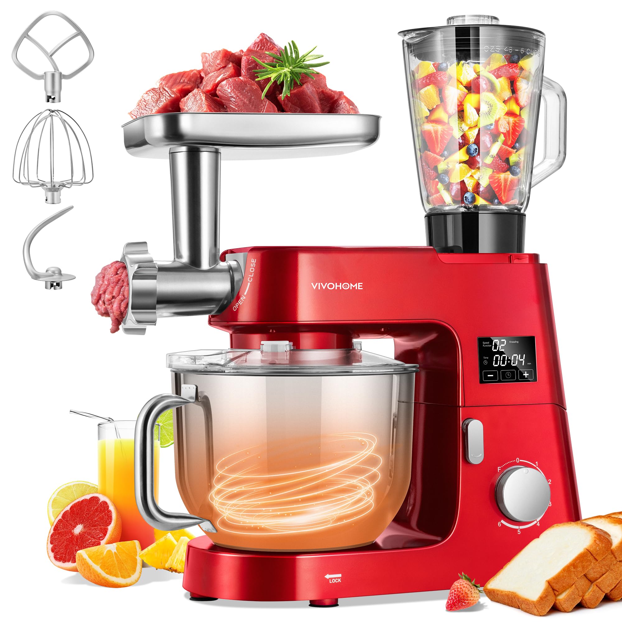 VIVOHOME 9-in-1 Electric Stand Mixer with Fermentation Function, 6-Speed 7.5-Quart Kitchen Mixer - Includes Meat Grinder, Juice Blender, Vegetable Slicer, Pasta & Cookie Maker (Red) - Perfect for Baking, Cooking, Meal Prep & Large Family Gatherings