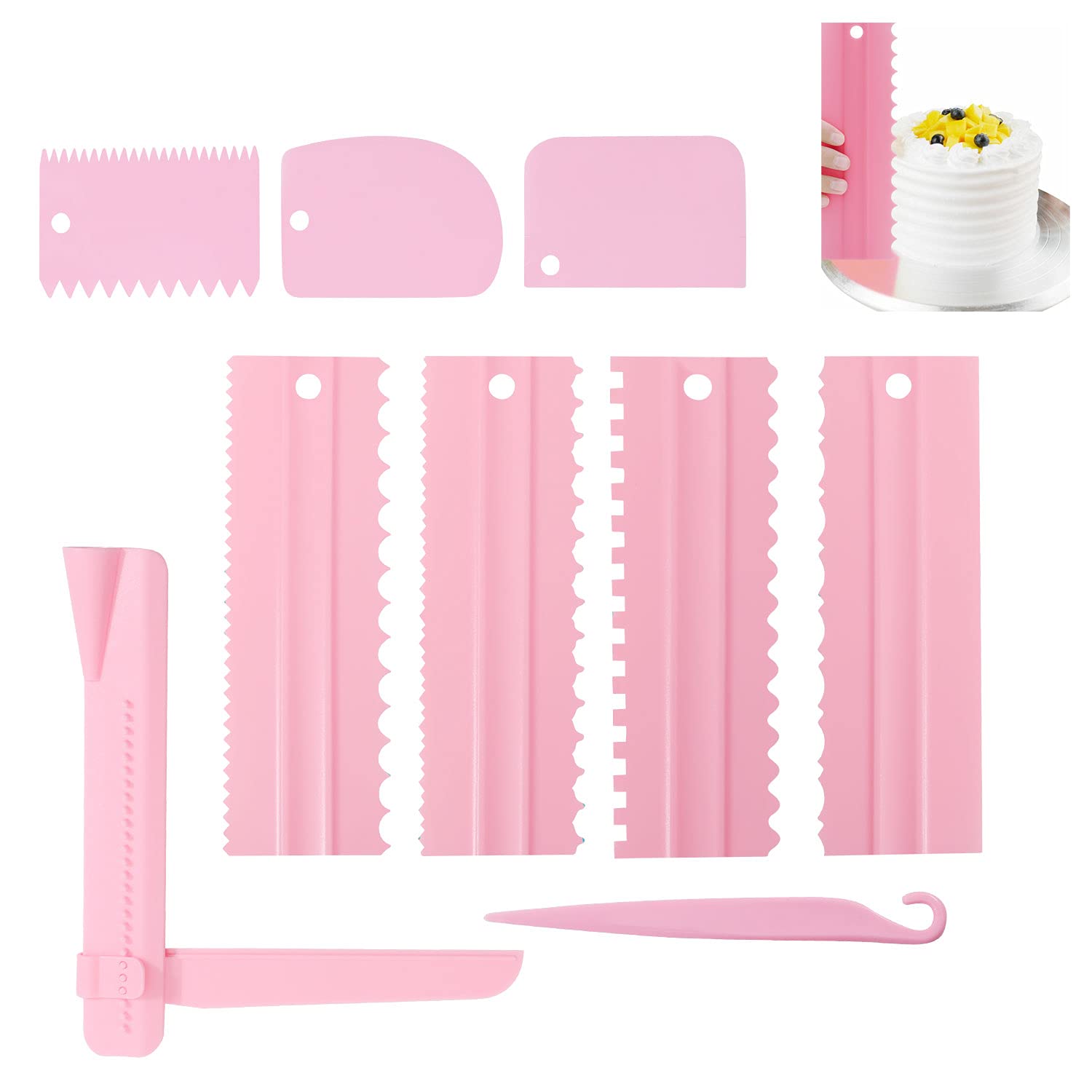 Kyerbaino 9-Piece Cake Decorating Set - Adjustable Cream Smoother, Icing Comb & Plastic Scraper for Buttercream, Mousse & Cake Edges | DIY Baking Tools for Professional Cake Decorating (Pink)