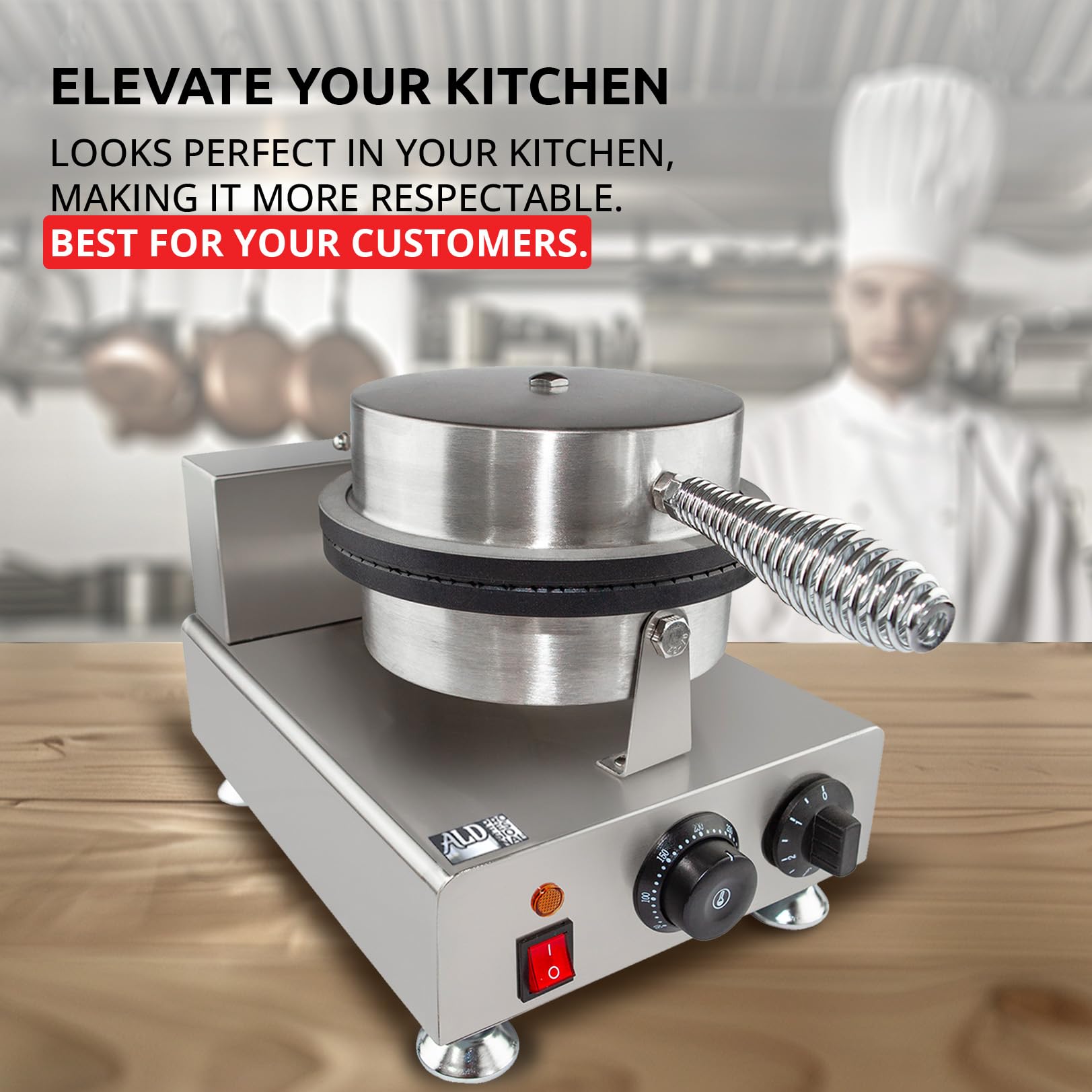 ALDKitchen Stainless Steel Waffle Cone Maker - 1-Head Electric Ice Cream Cone Iron for Homemade Desserts | Perfect for Parties, Ice Cream Shops & Home Baking