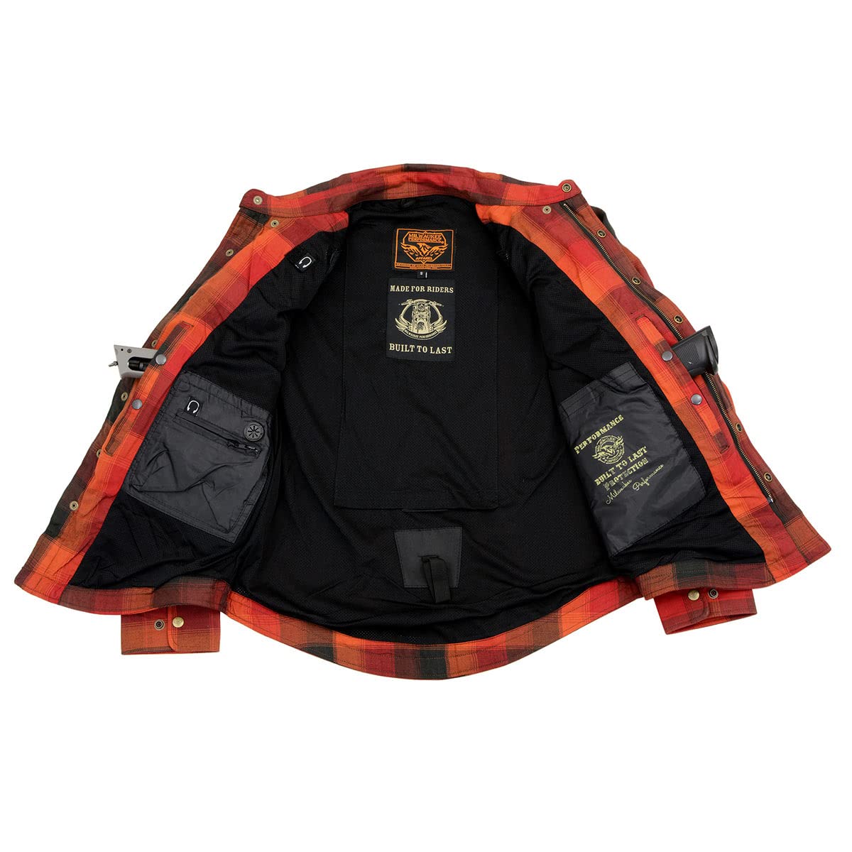 Milwaukee Leather MPM1641 Men's Plaid Flannel Biker Shirt with CE Approved Armor - Aramid Fiber Reinforced - Small Orange - Motorcycle Riding & Outdoor Adventure Shirt