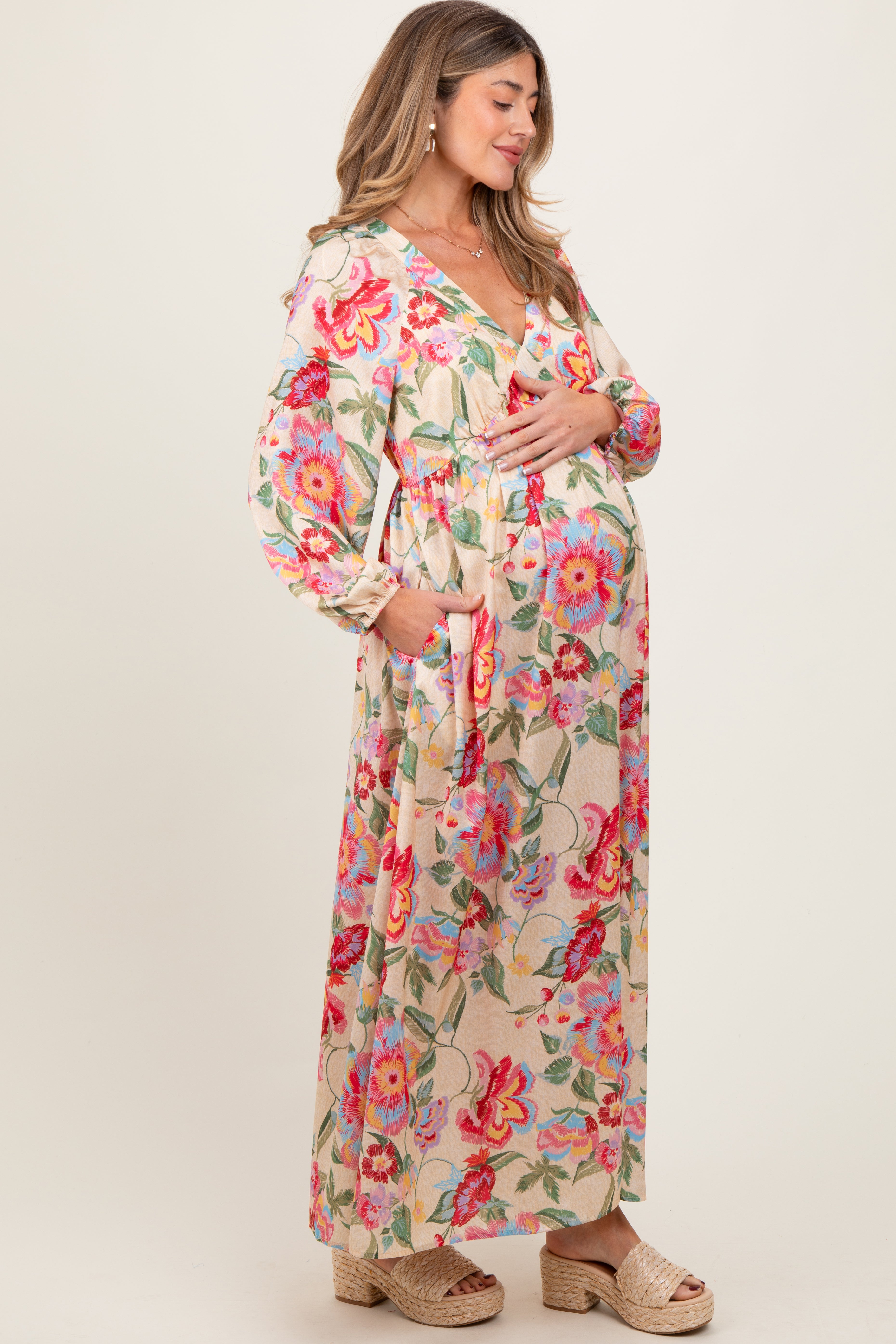 Beige Floral V-Neck Long Sleeve Maternity Maxi Dress for Pregnancy - Comfortable & Stylish Nursing Dress for Baby Shower, Maternity Photo Shoot & Special Occasions
