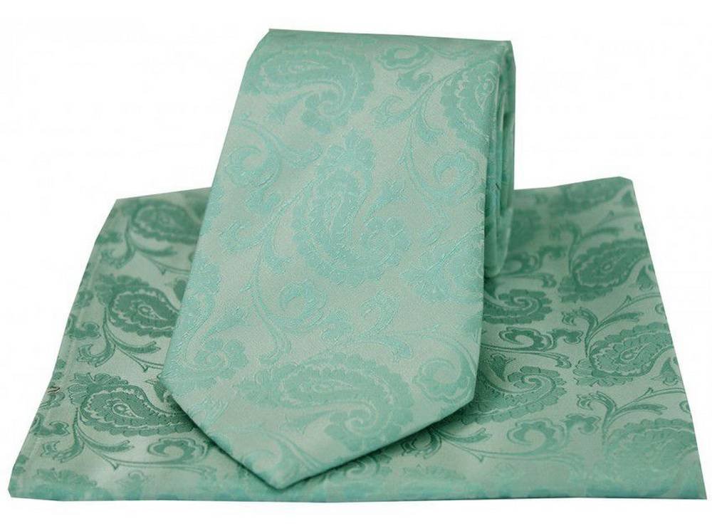 Premium Men's Silk Paisley Tie & Pocket Square Set - Elegant Cyan Green for Business, Weddings & Formal Occasions