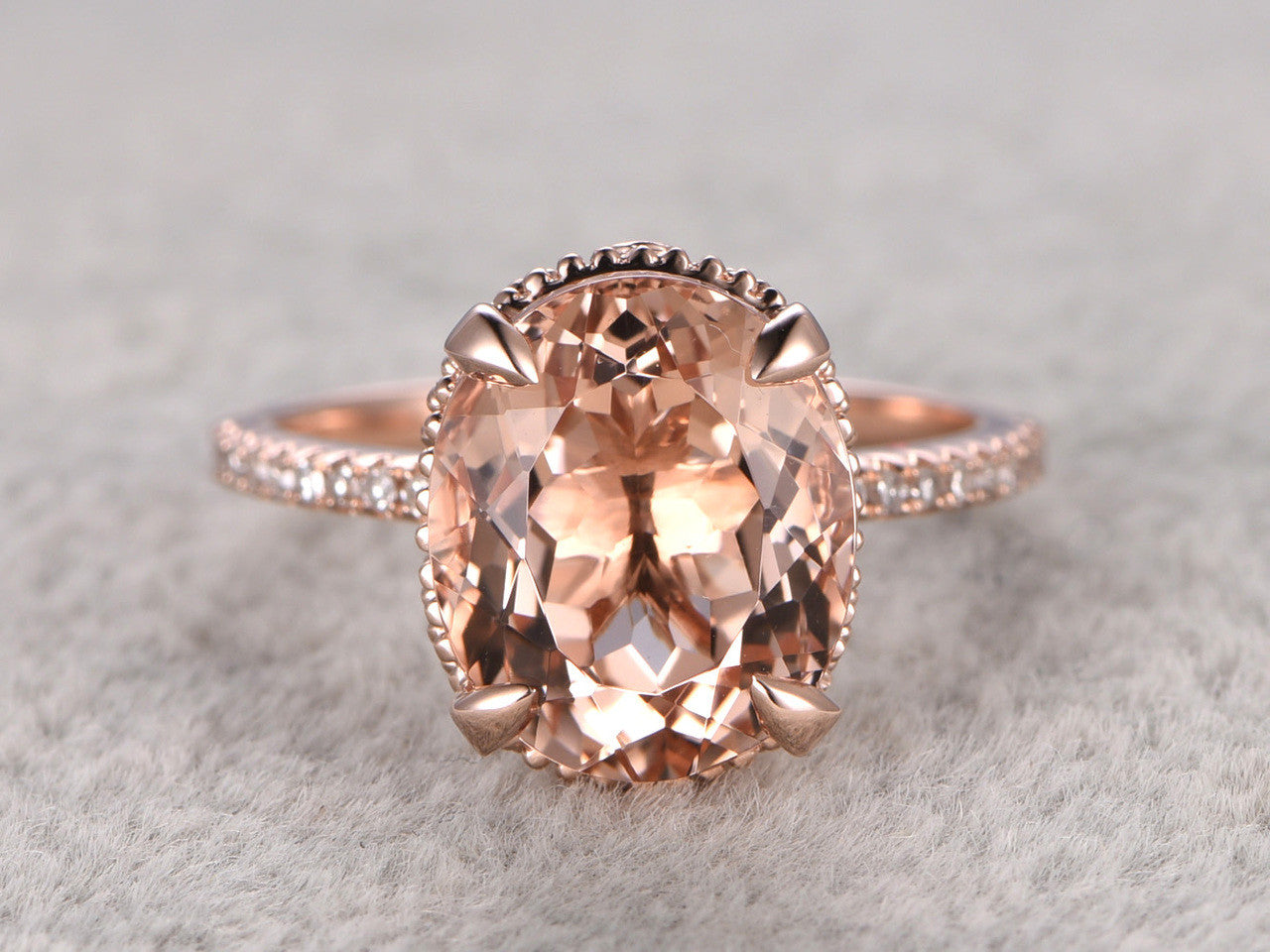 3.5 Carat Morganite & Diamond Vintage Engagement Ring Set - 9x11mm Oval Cut in 14K Rose Gold with Filigree Floral Design for Wedding, Anniversary & Special Occasions