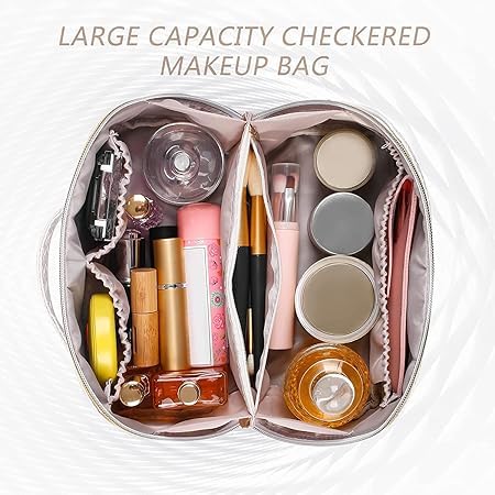 KEYMAX 12cm Large Capacity Cosmetic Travel Bag for Women - Portable Leather Makeup Organizer with Handle & Divider - Wide Opening Makeup Storage Bag (Light Pink) - Perfect for Travel, Gym & Daily Cosmetics Organization