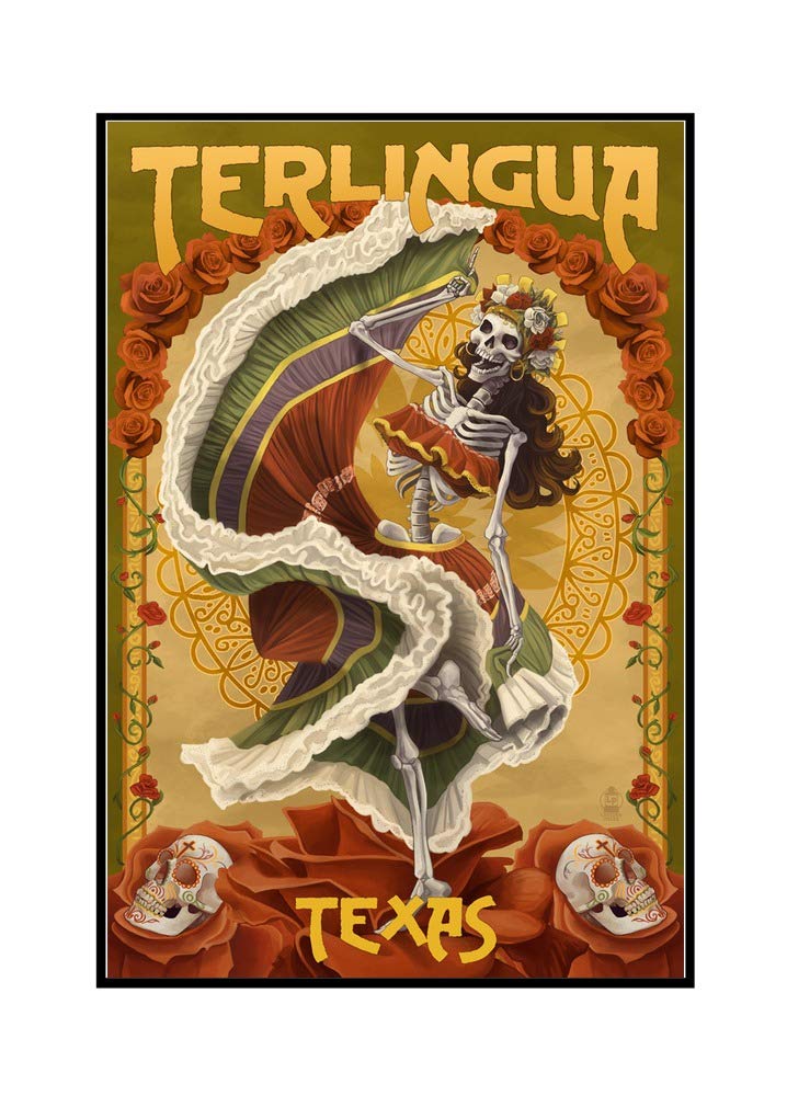 Terlingua Texas Day of the Dead Skeleton Dancing Art - 16x24 Stretched Canvas Wall Decor in Wooden Frame - Perfect for Halloween, Dia de los Muertos & Southwestern Home Decor