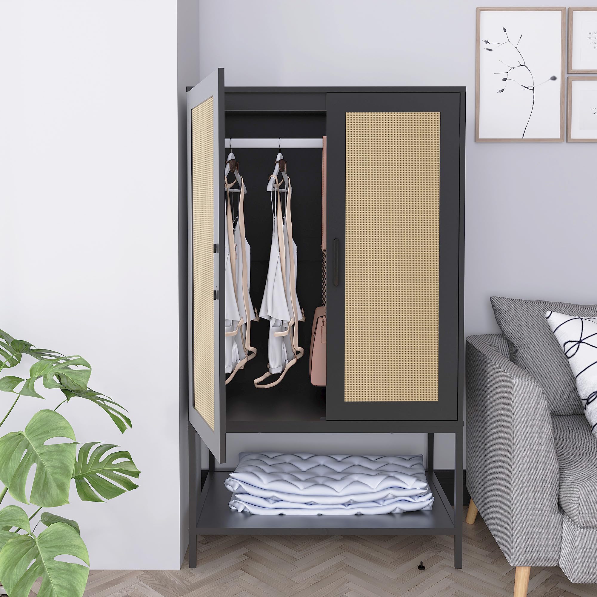 2-Door Rattan Wardrobe Closet with Hanging Rod & Shelves - Freestanding Wooden Armoire for Bedroom Storage & Organization | Perfect for Small Spaces, Apartments & Dorm Rooms (Black)