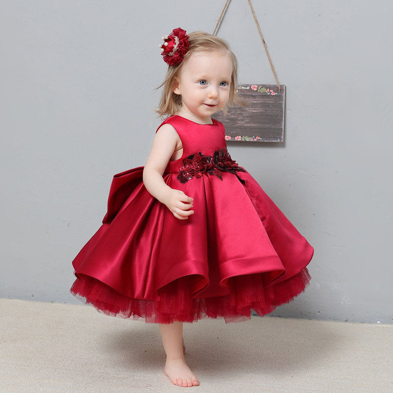 Elegant Tea Length Satin Flower Girl Dress with Lace & Ruffle Details - Perfect for Weddings, Pageants & Special Occasions